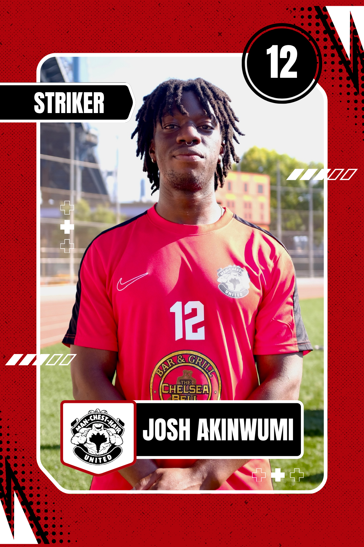 A digital sports card featuring a male soccer player with dreadlocks, wearing a red jersey with the number 12 and team logos, standing on a soccer field with a building and trees in the background.