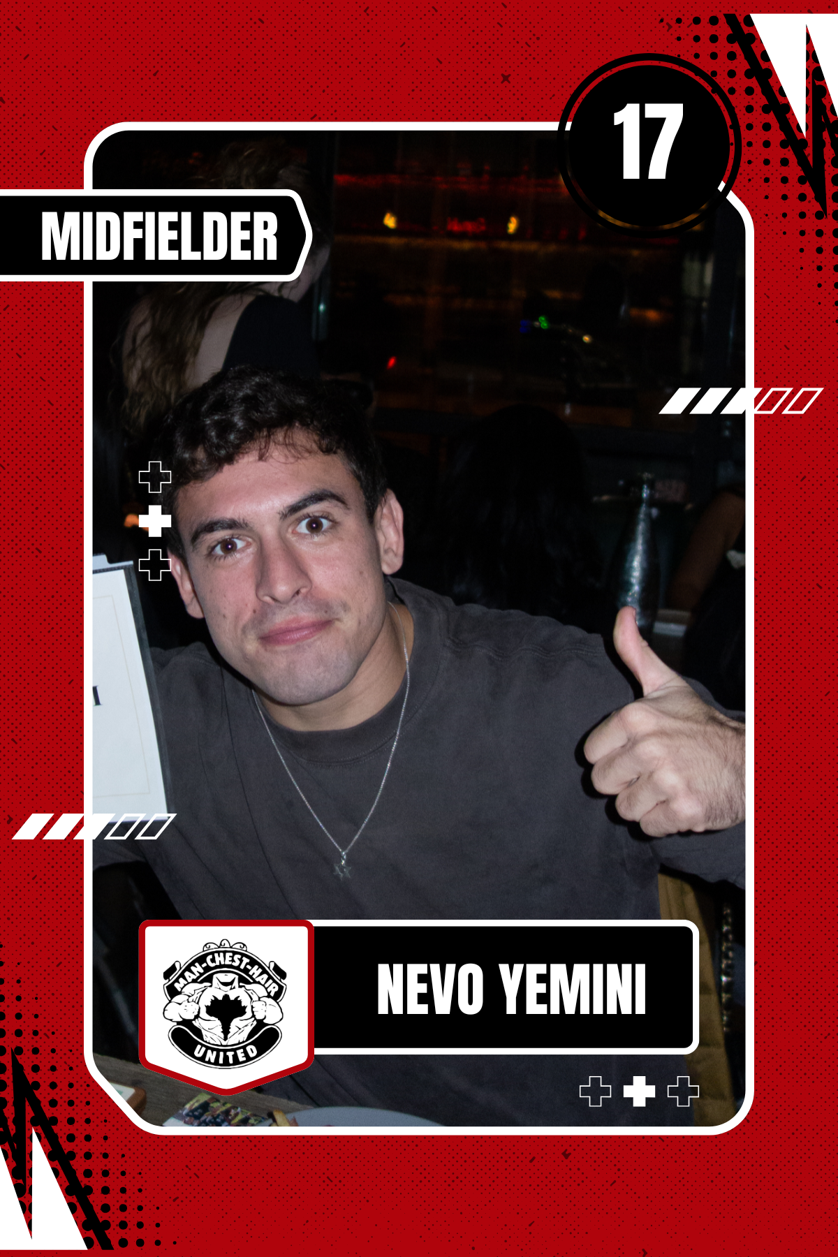 A man giving a thumbs up, sitting indoors at a table in a dimly lit setting, with a background of people and a water bottle. The image has a red border with graphic design elements and text labels including the name 'NEVO YEMINI' and the word 'MIDFIELDER'.