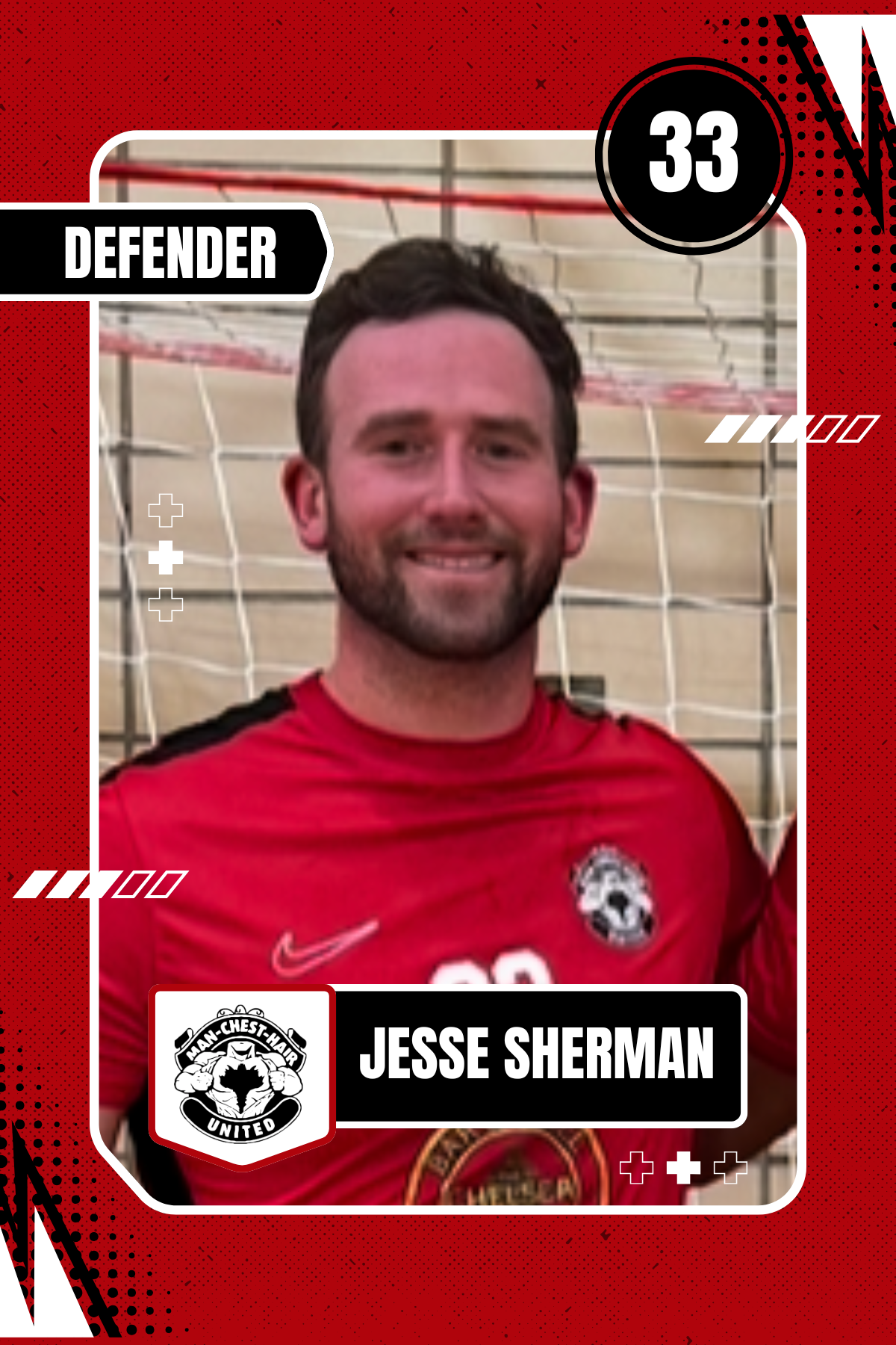 A digital sports card of Jesse Sherman, a soccer player, wearing a red jersey with a team logo, standing in front of a soccer goal net. The card features the number 33, with the words "DEFENDER" and his name, Jesse Sherman, along with a team emblem for Man Chest Hair United.