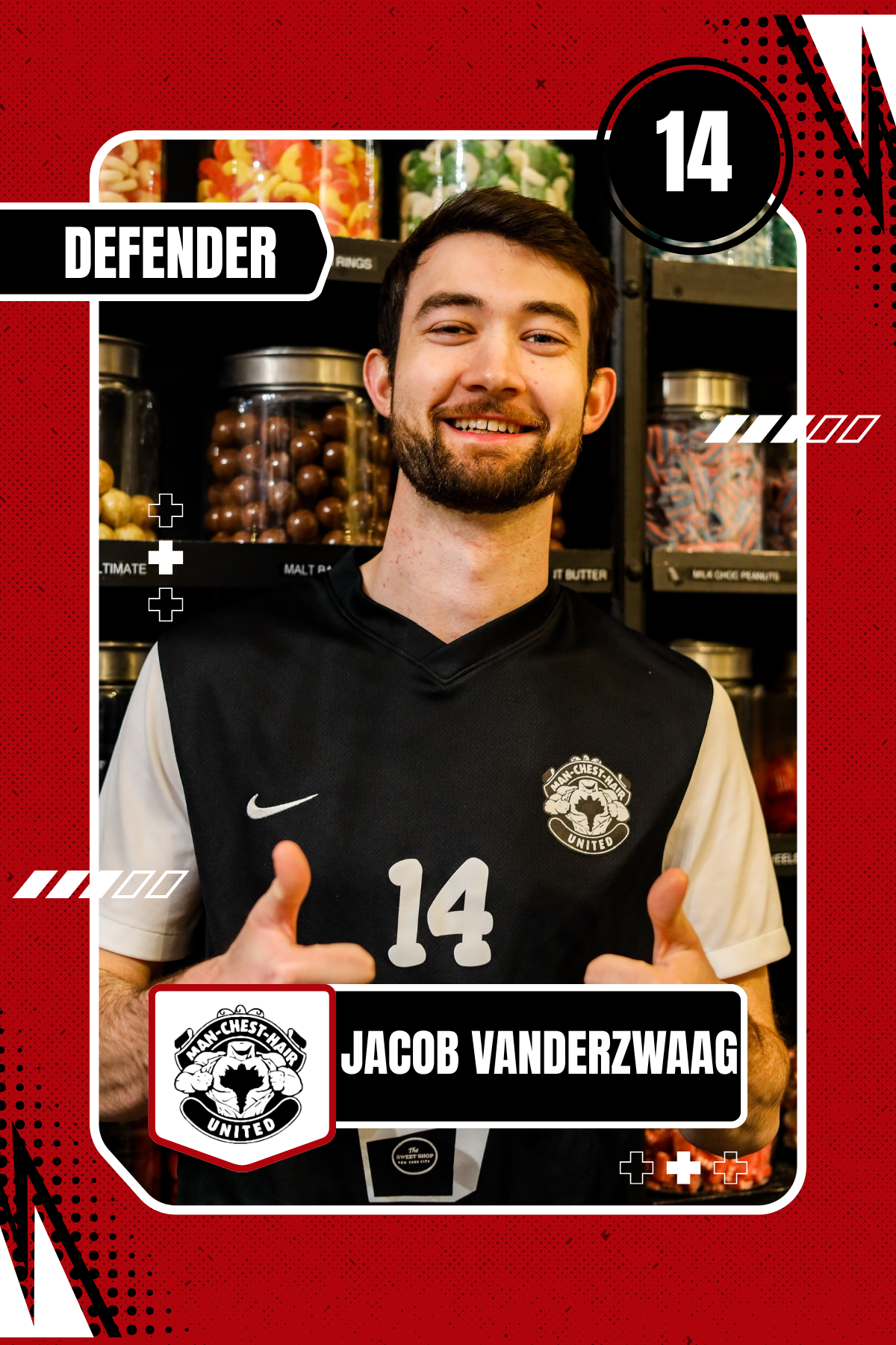 A cheerful young man with a beard wearing a black sports jersey with the number 14 and a logo that says Man-Chest-Hair United, giving a thumbs-up in front of shelves filled with jars of candies. The image is framed with a red and black comic-style graphic overlay with the text "DEFENDER 14" and the name Jacob Vanderzwaag.