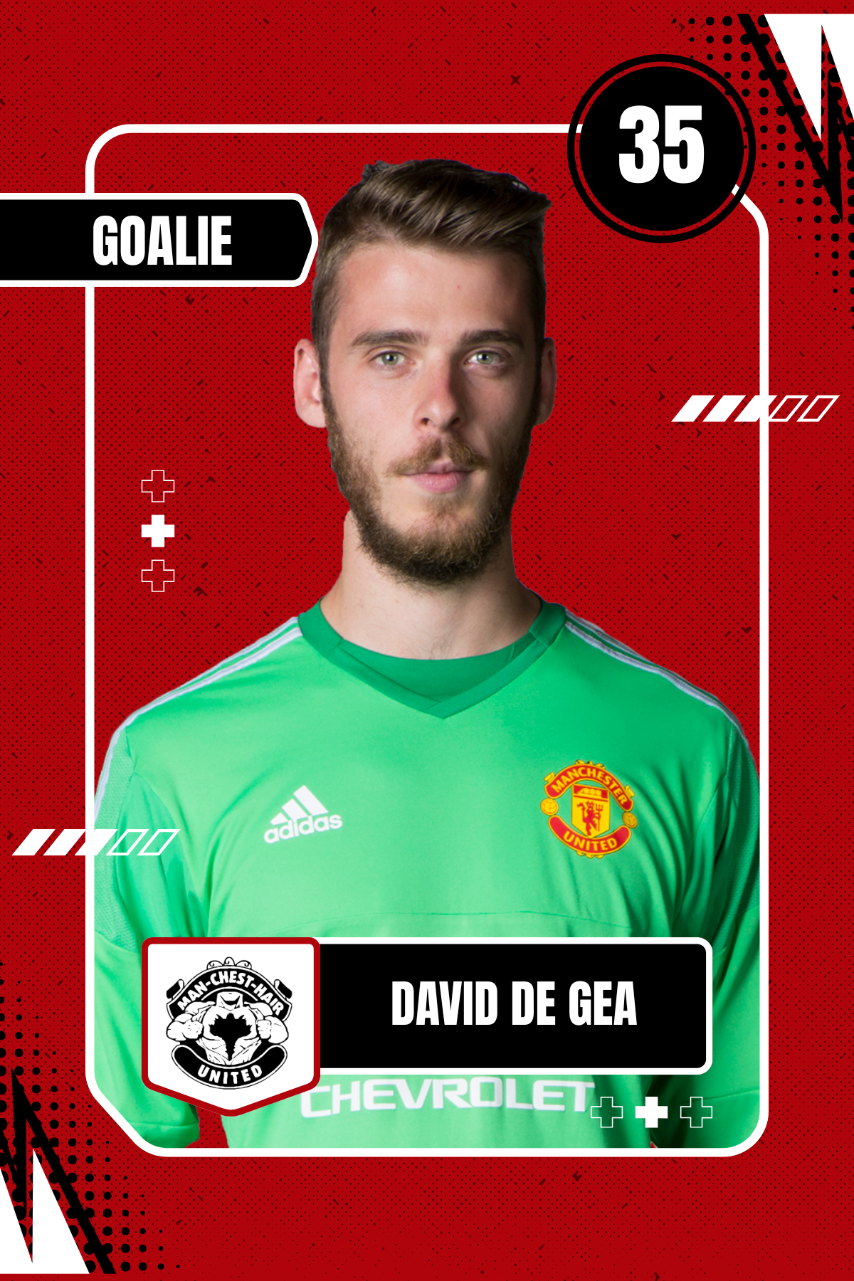 A soccer trading card featuring David De Gea, a goalkeeper for Manchester United, wearing a green jersey with Adidas and Chevrolet logos, set against a red background with various graphic elements