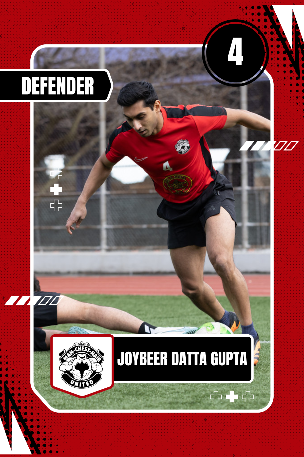 A trading card featuring a male soccer player in a red and black jersey, number 4, on a soccer field during play. The card has a red background with black and white design elements and includes the name Joybeer Datta Gupta along with the team logo of Man-Chest-Hair United.