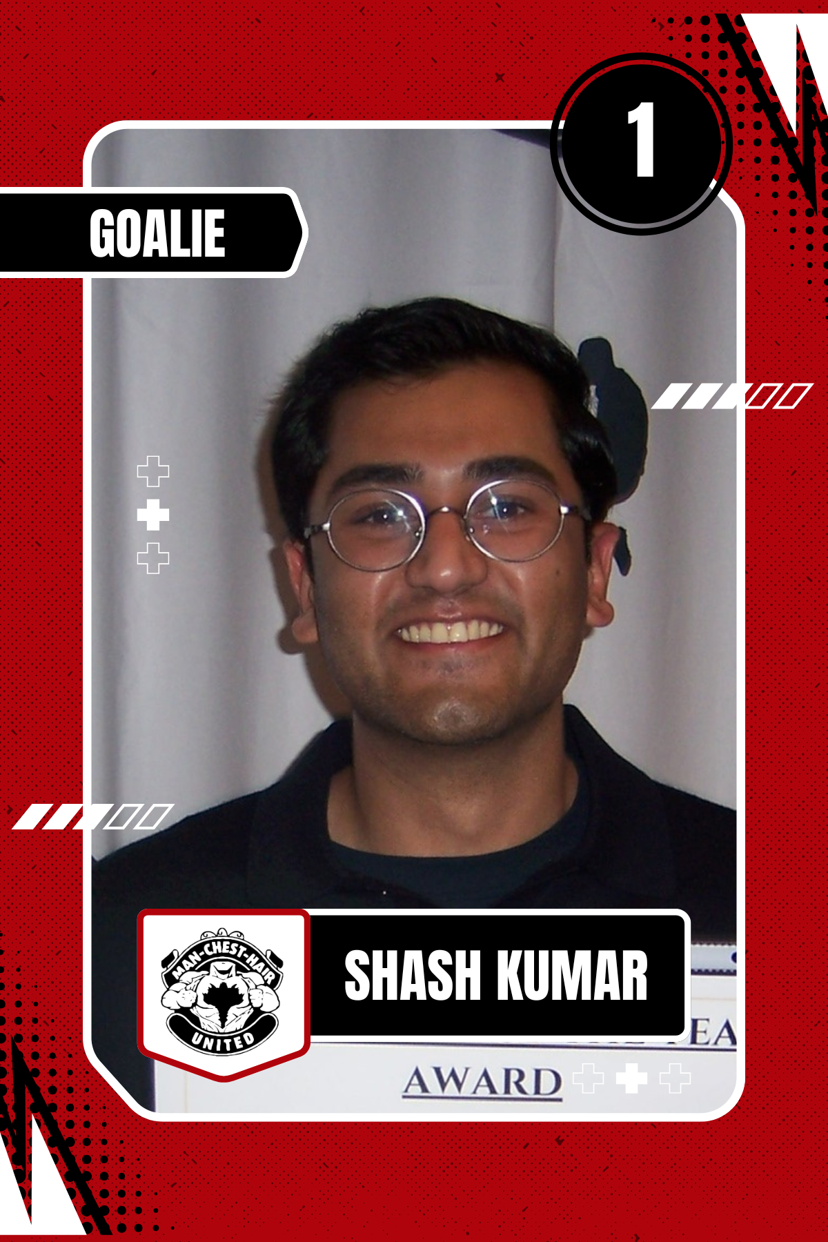 A young man wearing glasses and a black shirt, smiling, holding a certificate with a logo that reads 'Man-Chest-Hair United' and the name 'Shash Kumar' printed on it. The background is a white curtain, and the image is styled like a sports trading card with red, black, and white design elements.