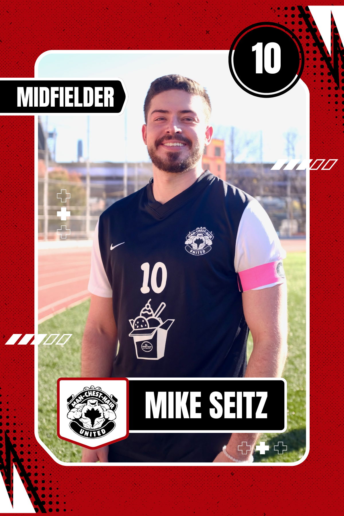 A smiling man wearing a black and white soccer jersey with the number 10 and a pink captain's armband, standing outdoors on a sports field with a running track in the background. The jersey has the logo of Man-Chest-Hair United and a graphic of a container of ice cream. The image is styled like a sports trading card with red and black borders, a round number 10 in the top right corner, and the name Mike Seitz at the bottom.