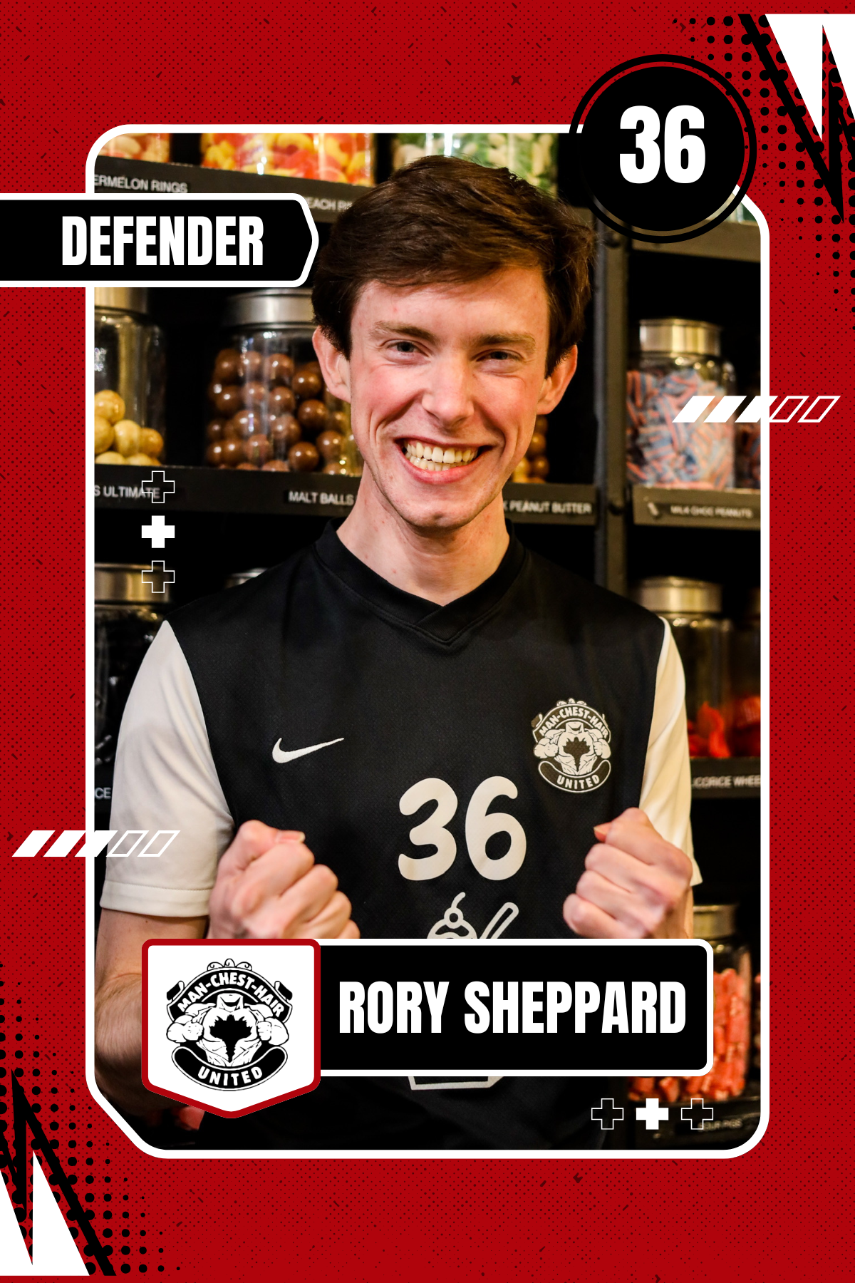 A young man smiling and wearing a sports jersey with the number 36, in front of shelves with jars of candies, in a store or cafe. The image has a graphic design border with the text "RORY SHEPPARD" and embellishments.