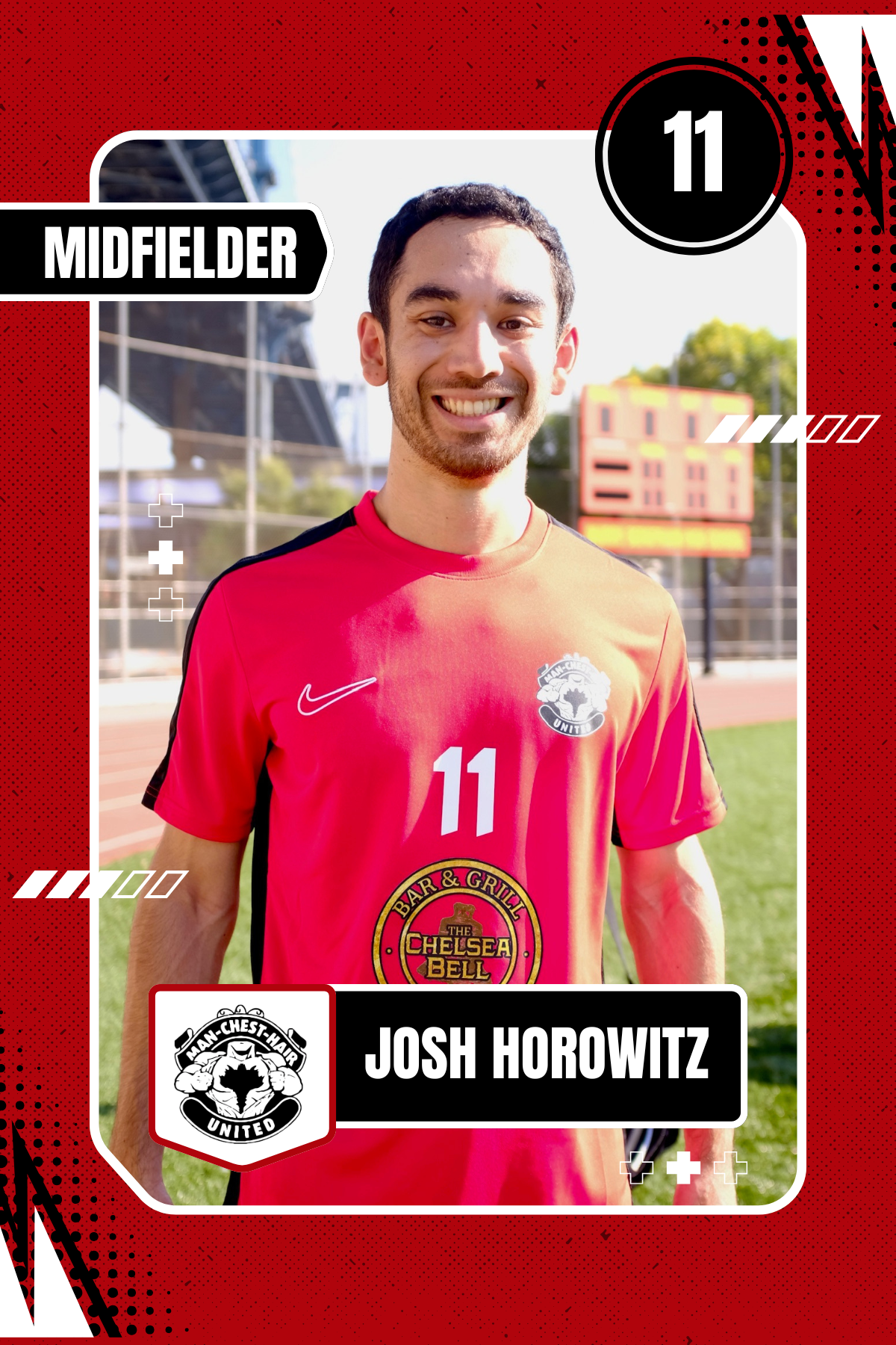 Photograph of a smiling young man in a red soccer uniform with the number 11 and a Northampton Town Football Club crest, standing outdoors on a sports field with a scoreboard and trees in the background, displayed on a graphic card with the label 'Midfielder' and the name 'Josh Horowitz.'
