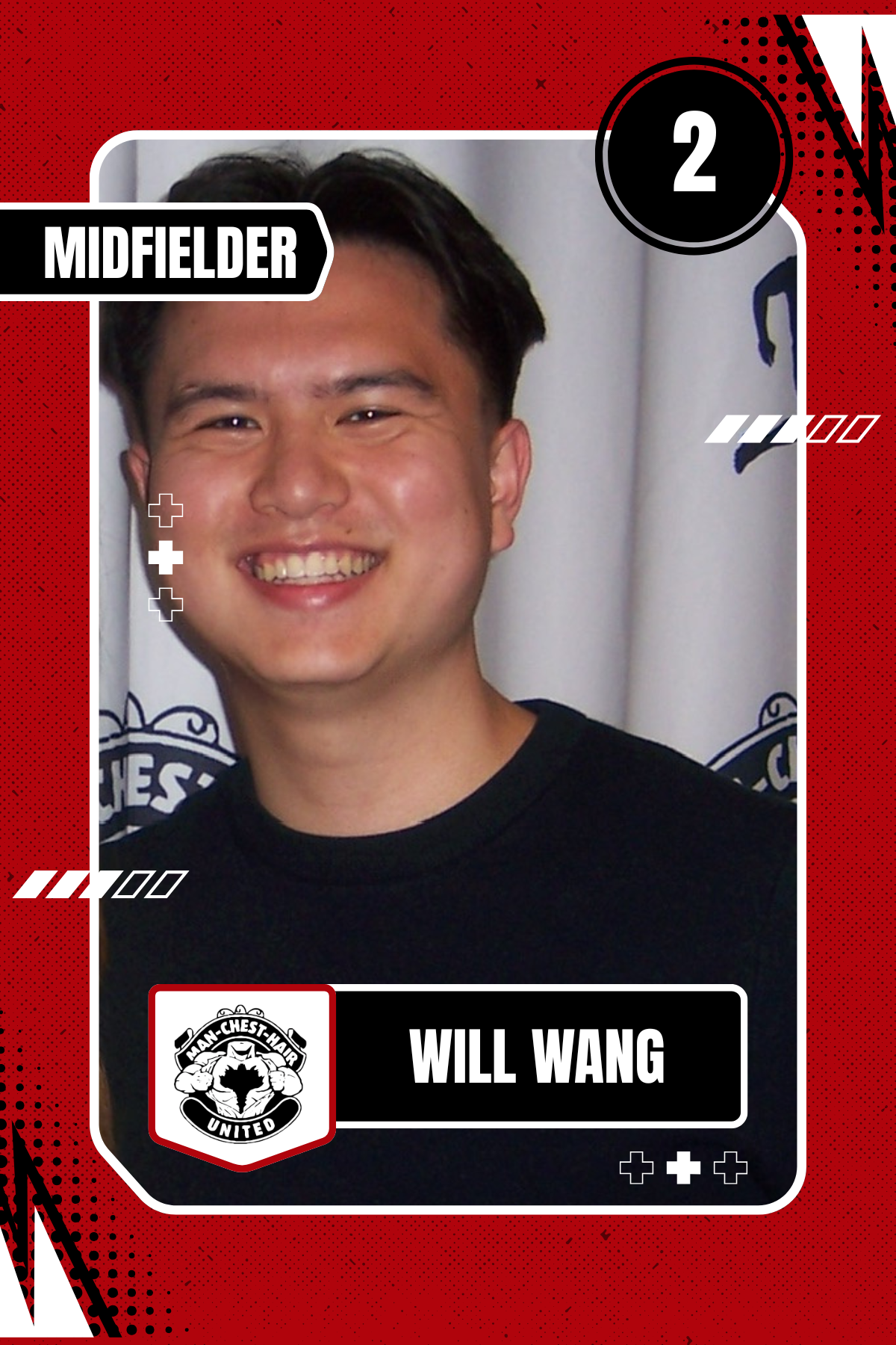 A player card features a young man with black hair and a smiling face. The card is red and black with a sports theme, including a logo that says 'Man-Chest-Hair United'. The player's name is Will Wang, and his position is Midfielder. The card has decorative elements such as numbers, plus signs, and lines.