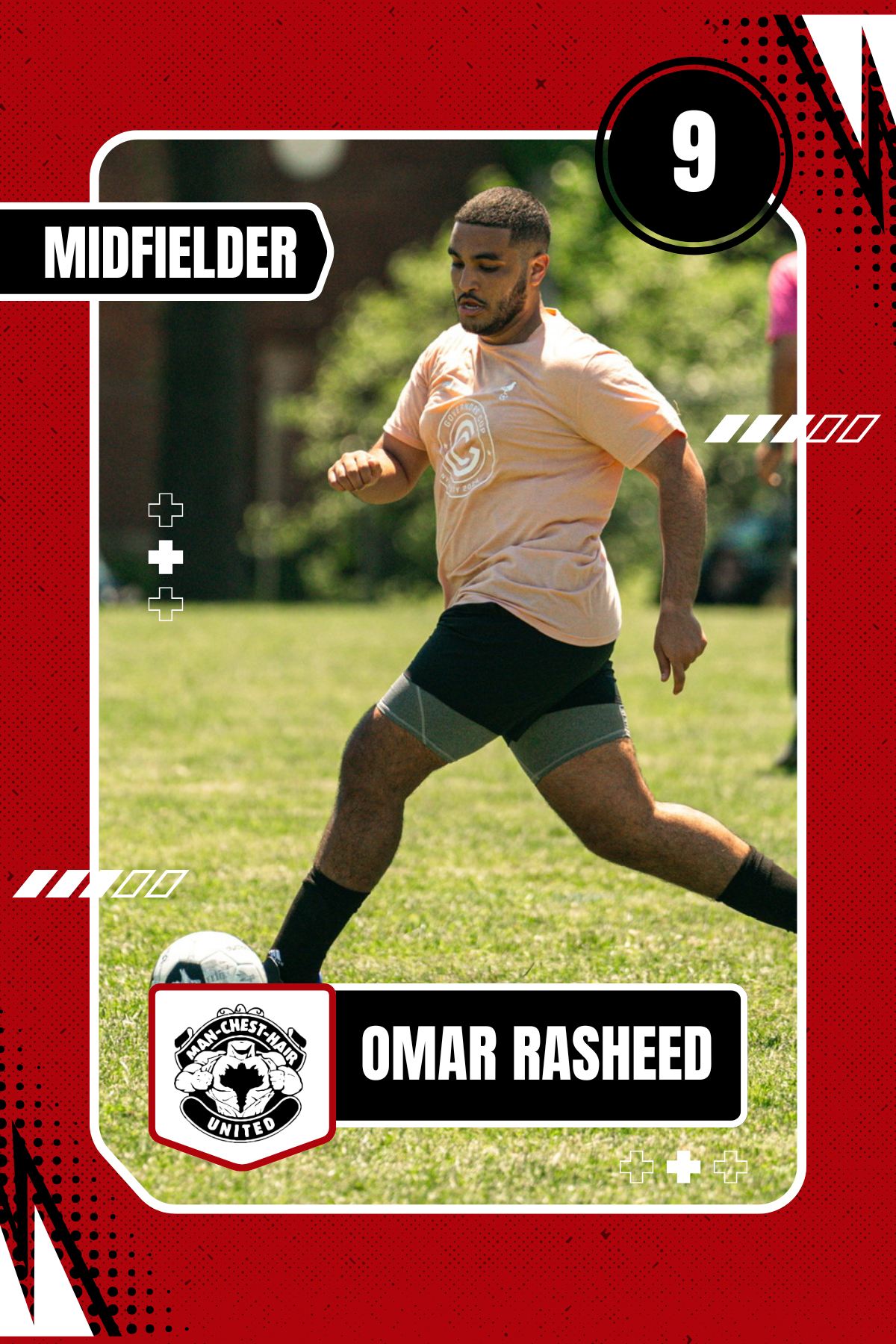 A soccer player wearing a light pink shirt and black shorts is kicking a soccer ball on a grassy field during daytime. The image has a red and black graphic design overlay, and includes text indicating the player is a midfielder, with the name Omar Rasheed and a logo for Man-Chest-Hair United.