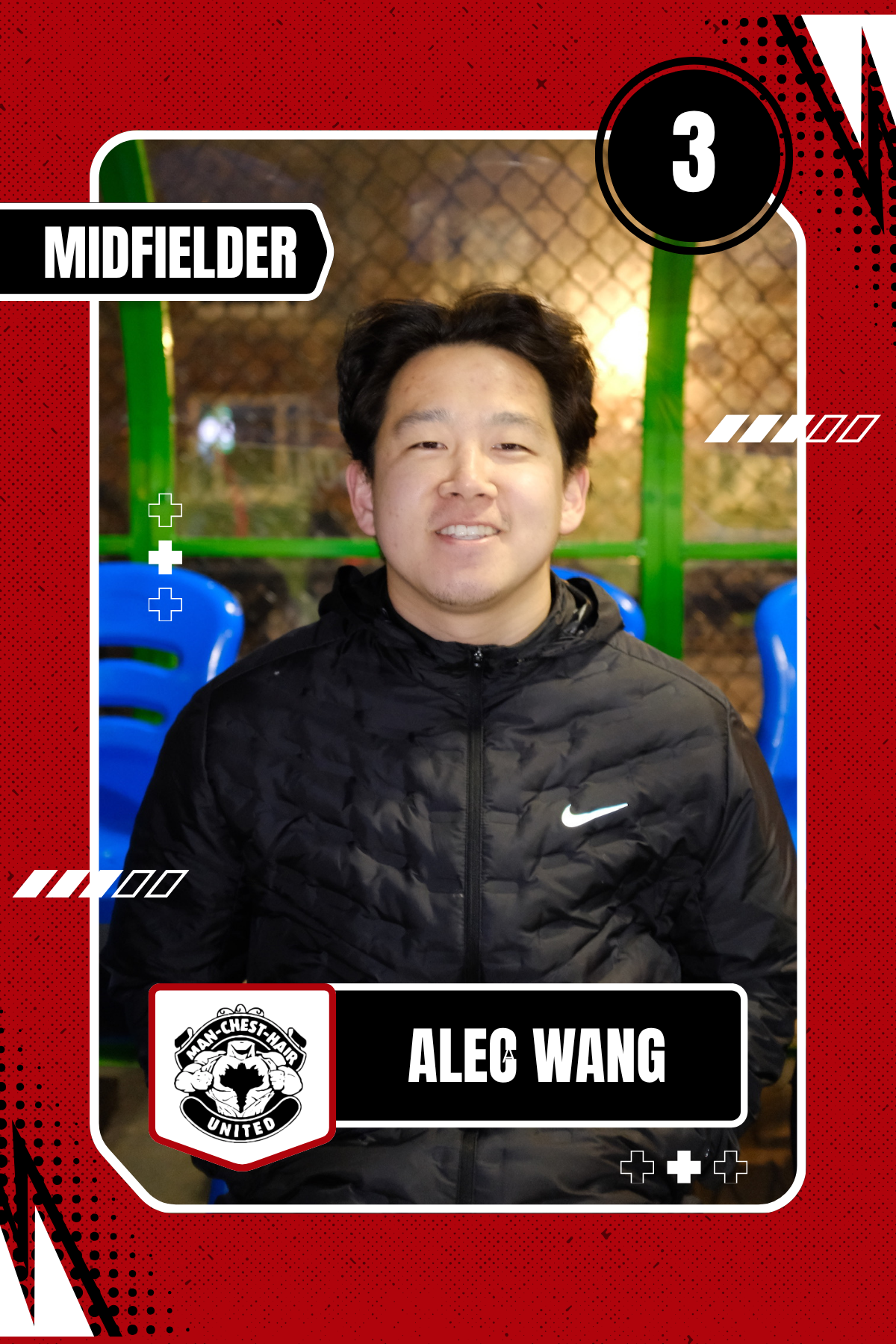 A digital card featuring a photo of Alec Wang, a young man with black hair, smiling, wearing a black Nike jacket. The card design resembles a sports trading card with a red background, white and black accents, and text indicating his position as a midfielder. It includes the number 3 in a black circle, the word "MIDFIELDER," a logo of a lion with the words "MAN-CHEST-HAIR UNITED," and various graphic elements.