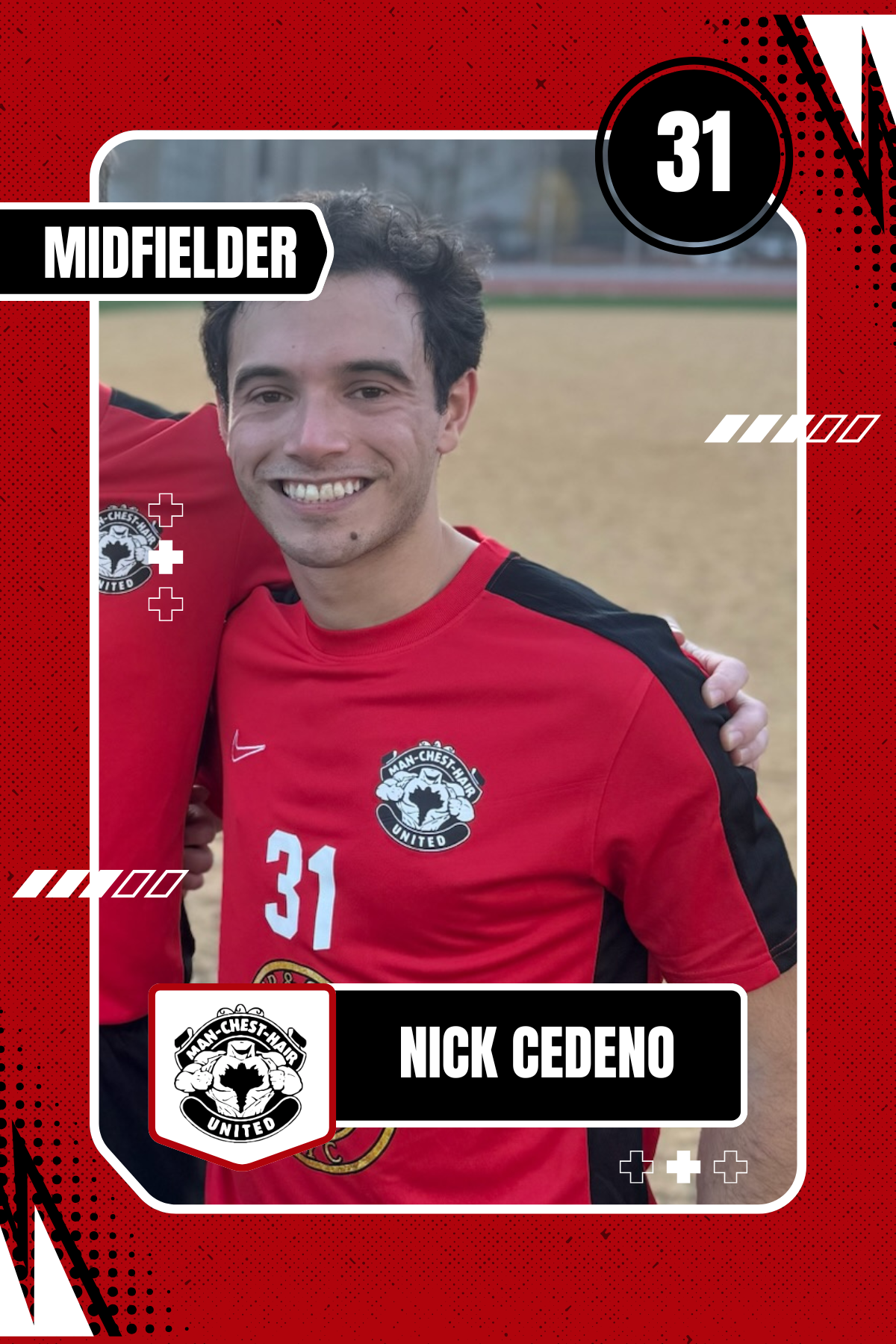A soccer player smiling, wearing a red jersey with the number 31 and the team logo of Man-Chest-Hair United, standing on a grassy field.
