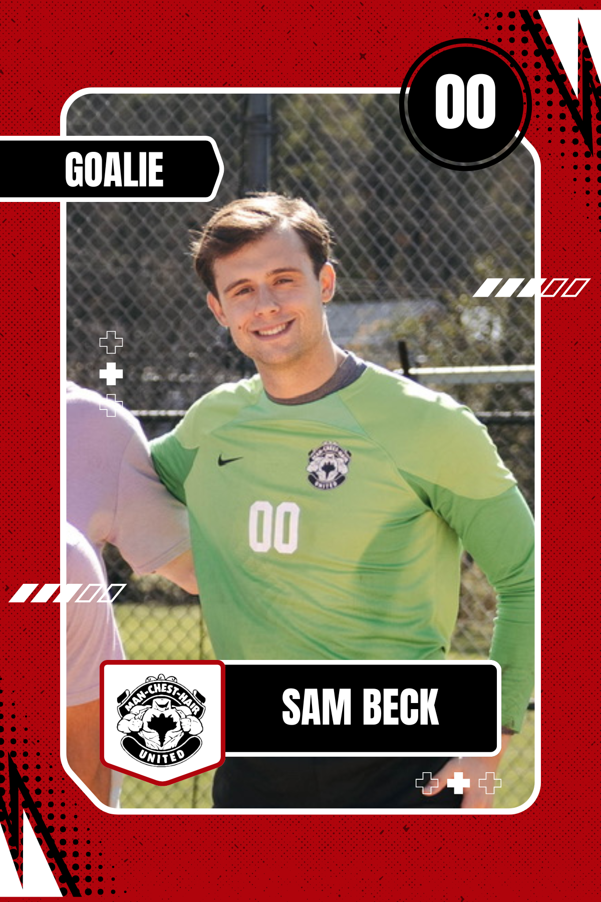A digital sports card featuring Sam Beck, a soccer goalkeeper, wearing a bright yellow jersey with the number 00 and the logo of Man-Chest-Hair United. The card has a red and black design with various graphic elements and the team logo.