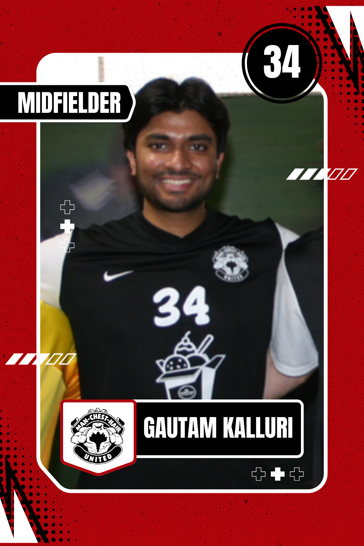 A sports trading card featuring Gautam Kalluri, a midfielder for Man-Chest-Har United, with the number 34. The card has a red and black design with a cartoon mascot and the team logo.