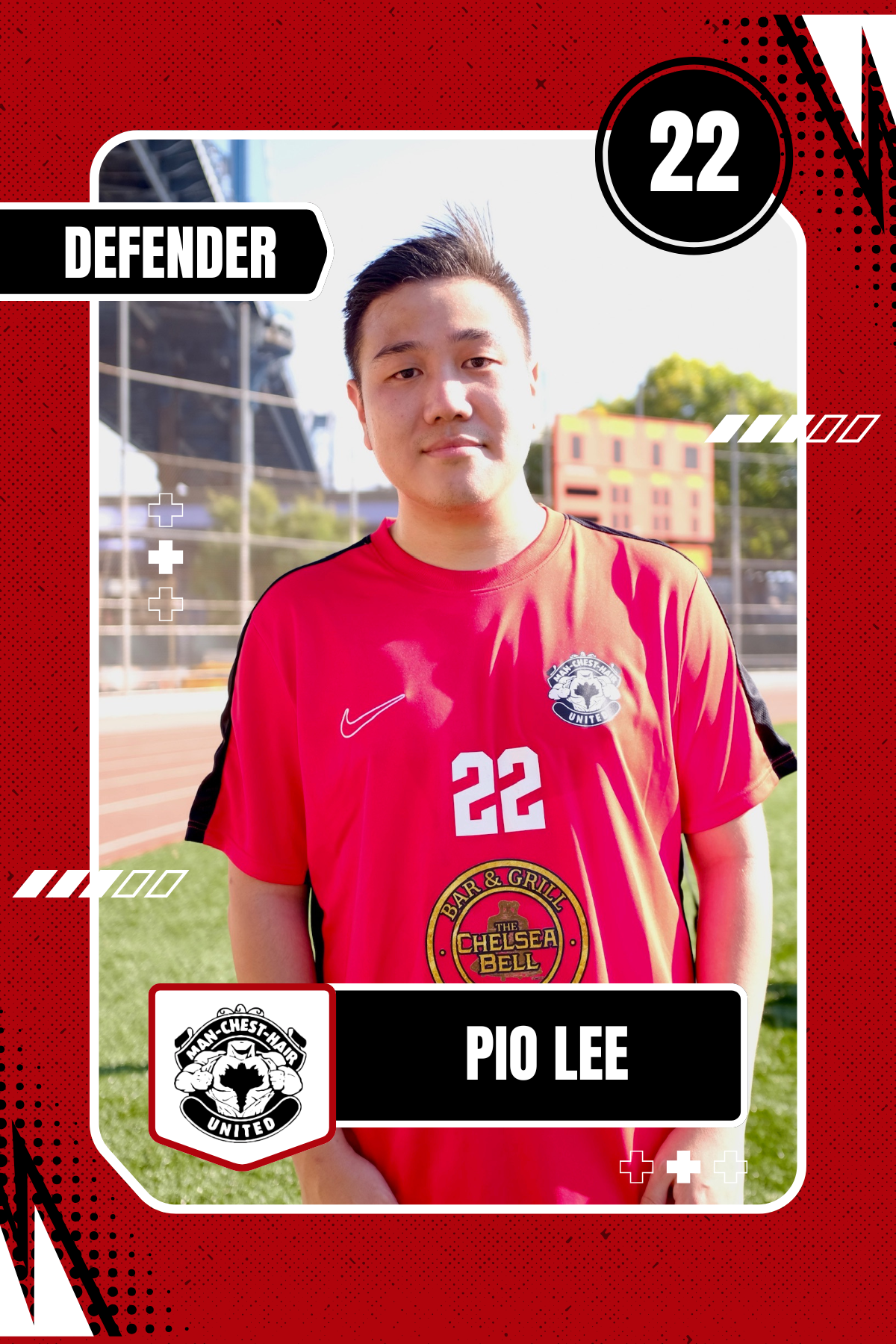 A young man in a red sports jersey with the number 22 poses outdoors on a sports field with a building and trees in the background. The image is styled like a sports trading card with the name Pio Lee and the team Man-Chest-Hair United logo.
