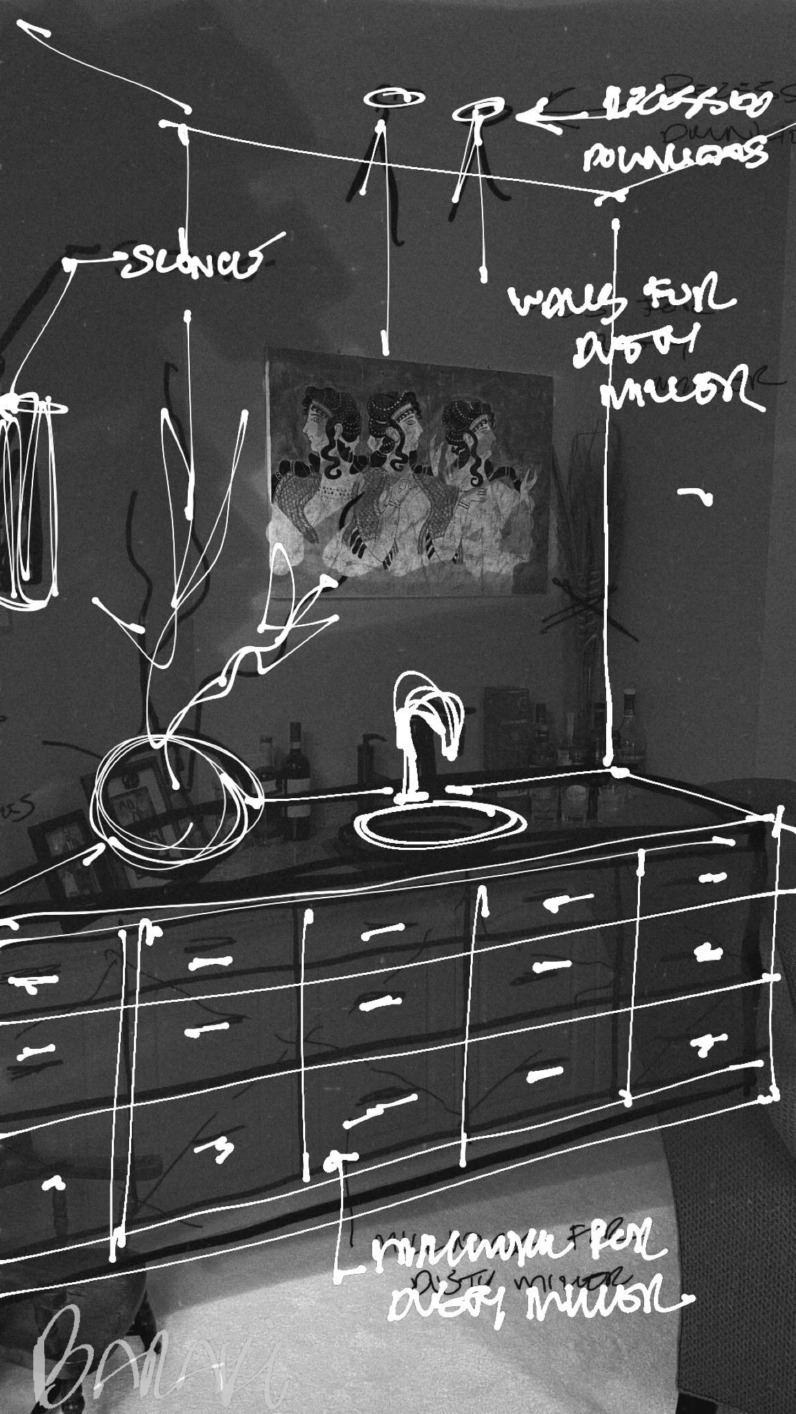 Black and white photo of a kitchen with handwritten notes and drawings in white ink on the image. There is a kitchen sink with a faucet, a countertop, and a wall with a painting of three women with traditional hairstyles. Descriptions include notes about a faucet, backsplash, and kitchen layout.