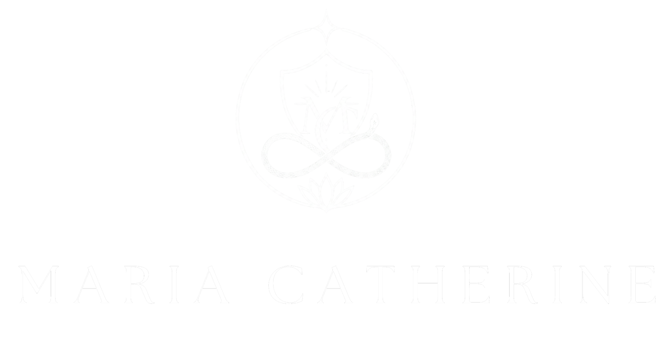 Black background with white logo featuring a shield, a snake, a lotus, and a star shape, with the text 'MARIA CATHERINE' below.