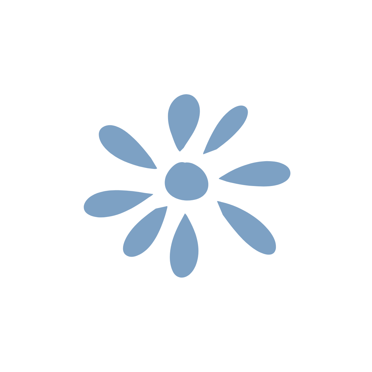 Stylized blue flower with a circular center and elongated petals, isolated on a black background.