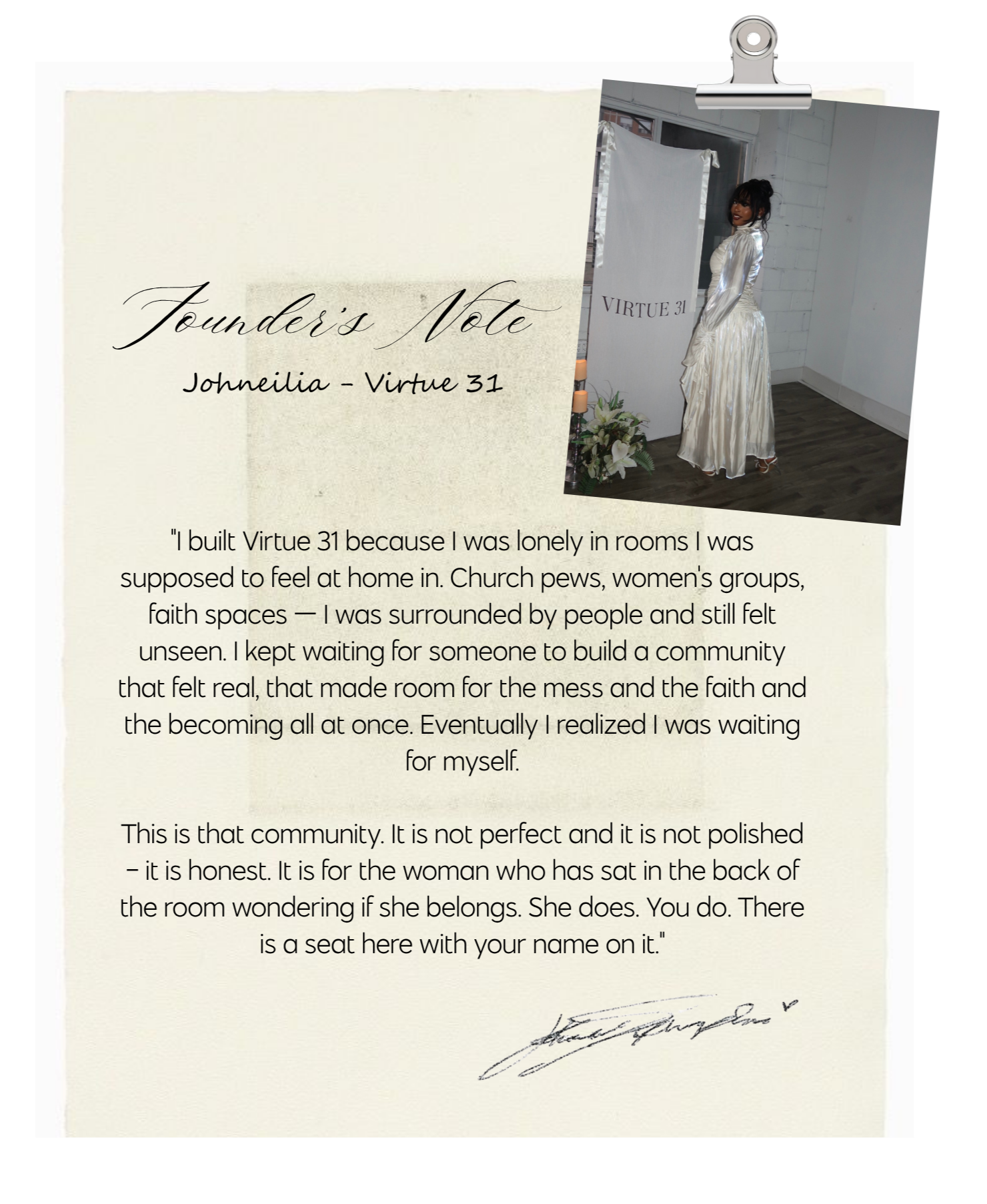 A letter titled "Founder's Note" by Johneilia at Virtue 31, with a smaller photograph overlay of a woman in a shiny dress standing next to a plant and a sign reading "VIRTUE 31"