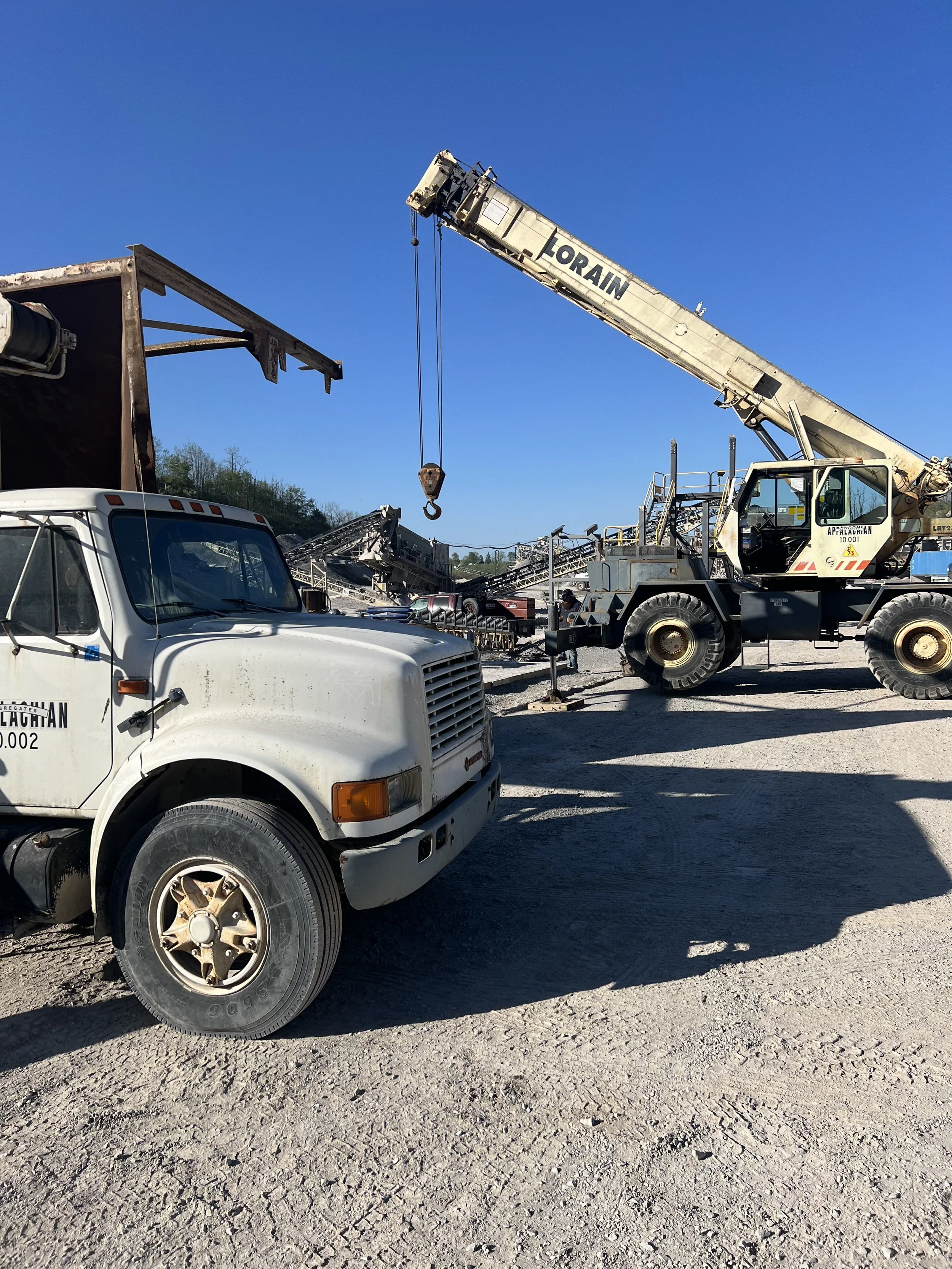 A construction site with a large crane labeled 'LORAIN' lifting a hook, a white work vehicle in the foreground, and a crane structure in the background under a clear blue sky with trees in the distance.