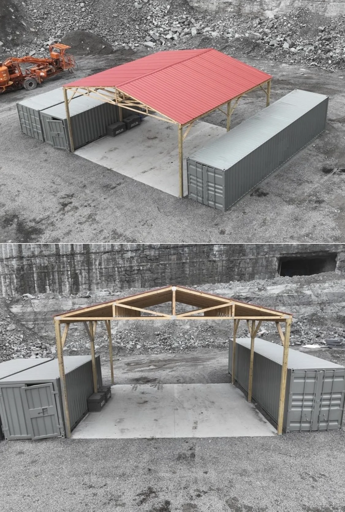 A construction site featuring two shipping containers with a wooden structure frame being assembled between them, a red metal roof partially installed over the wooden frame, and construction equipment in the background.