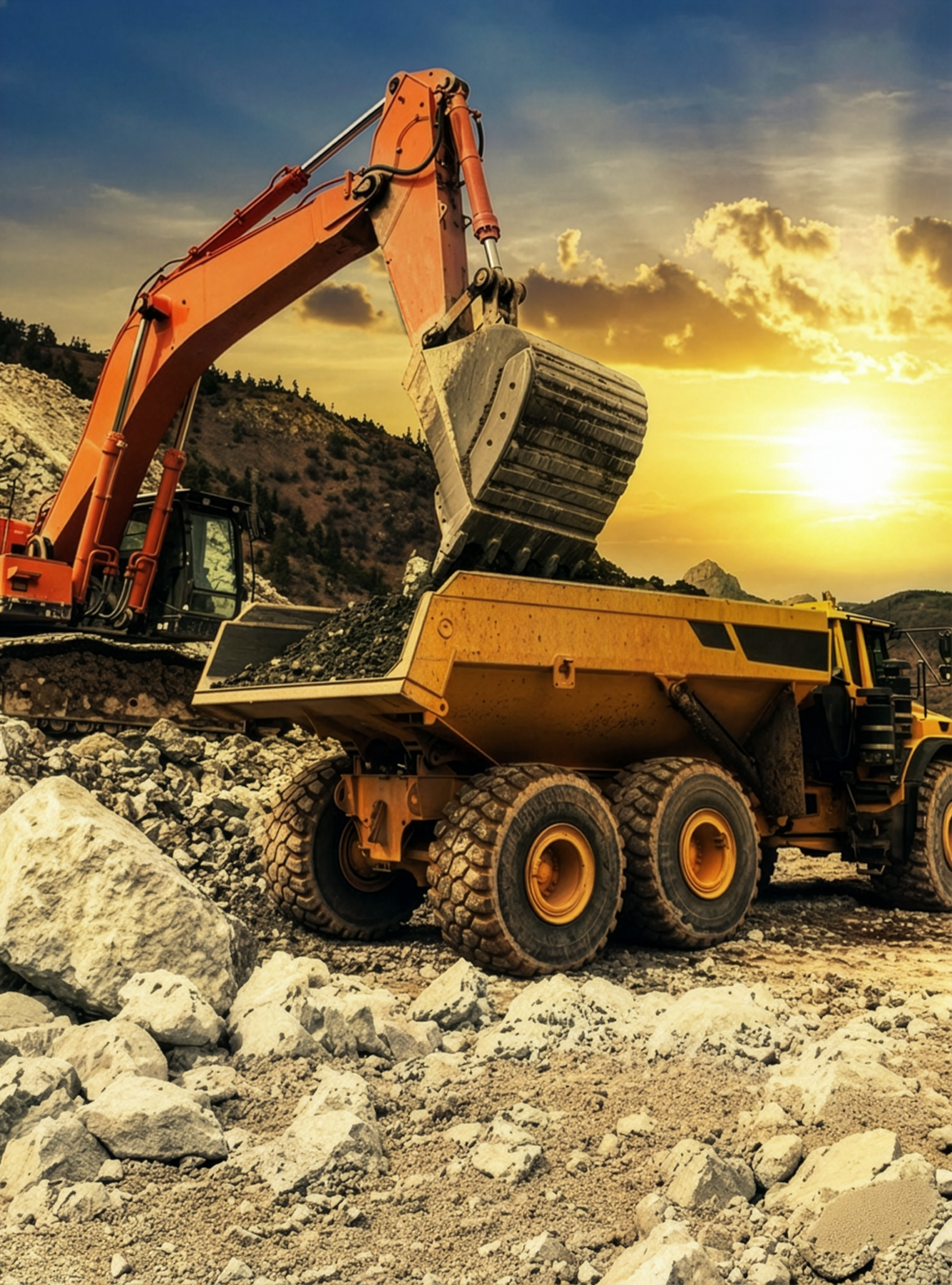 Excavator dumping rocks into a dump truck at a construction site during sunset.