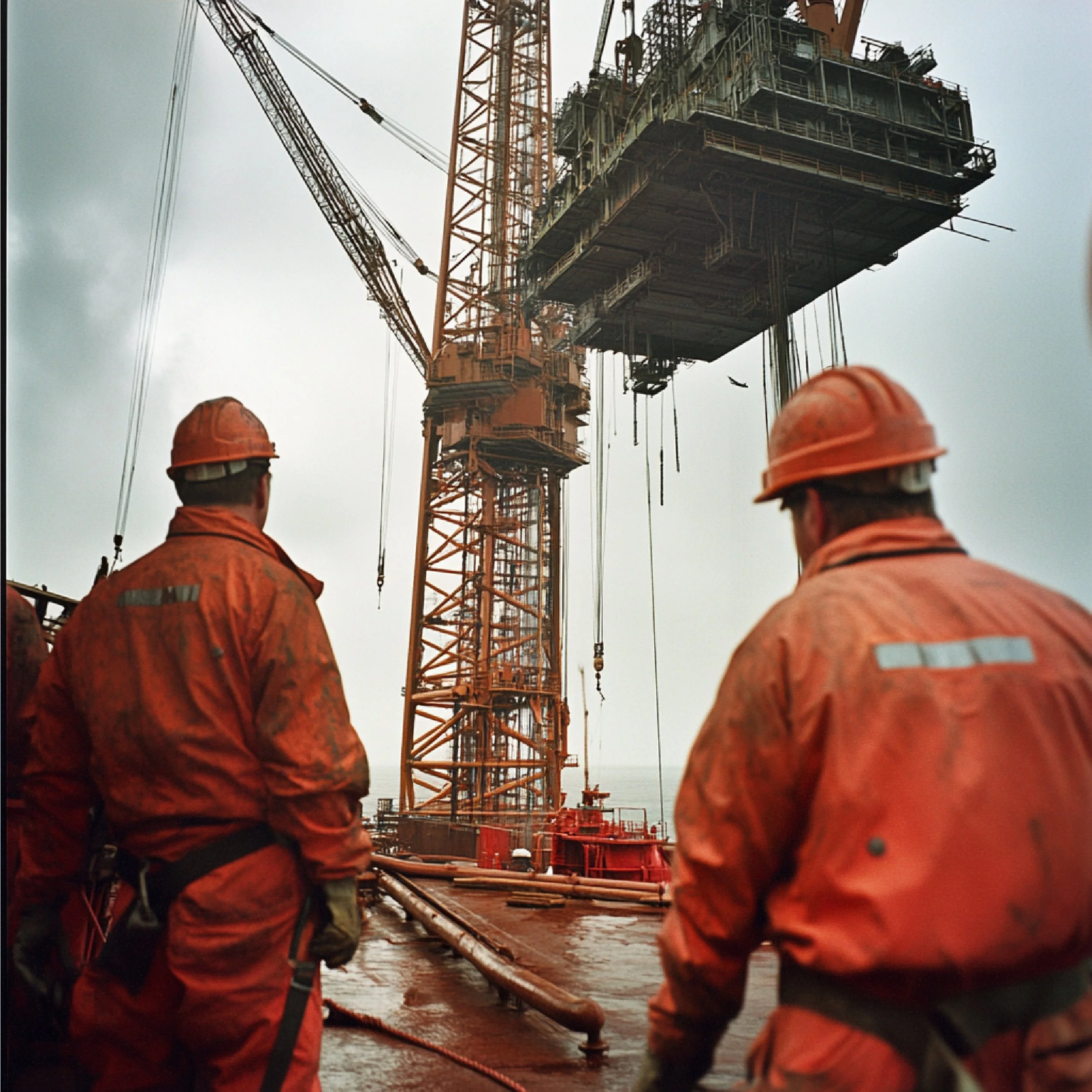 Workers in orange safety gear and helmets operating a construction crane on a cloudy day at a construction site.