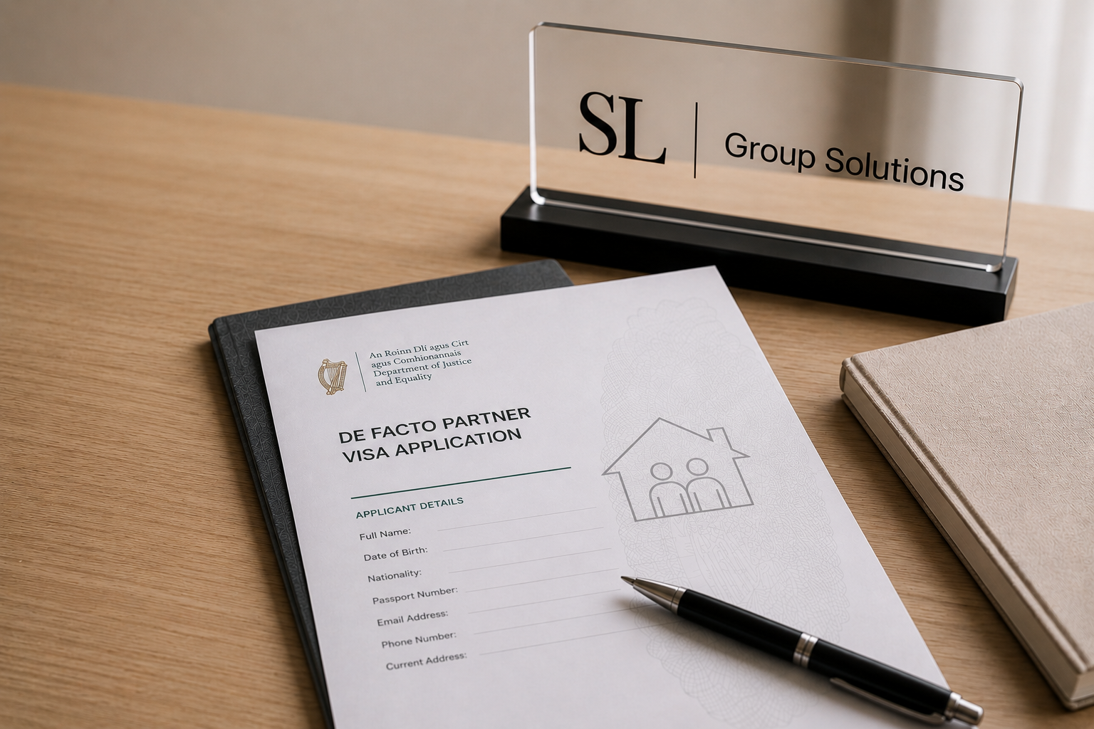 A visa application form for 'De Facto Partner' with personal details fields, a black pen, a closed beige notebook, and a desk sign reading 'SL Group Solutions' on a wooden table.