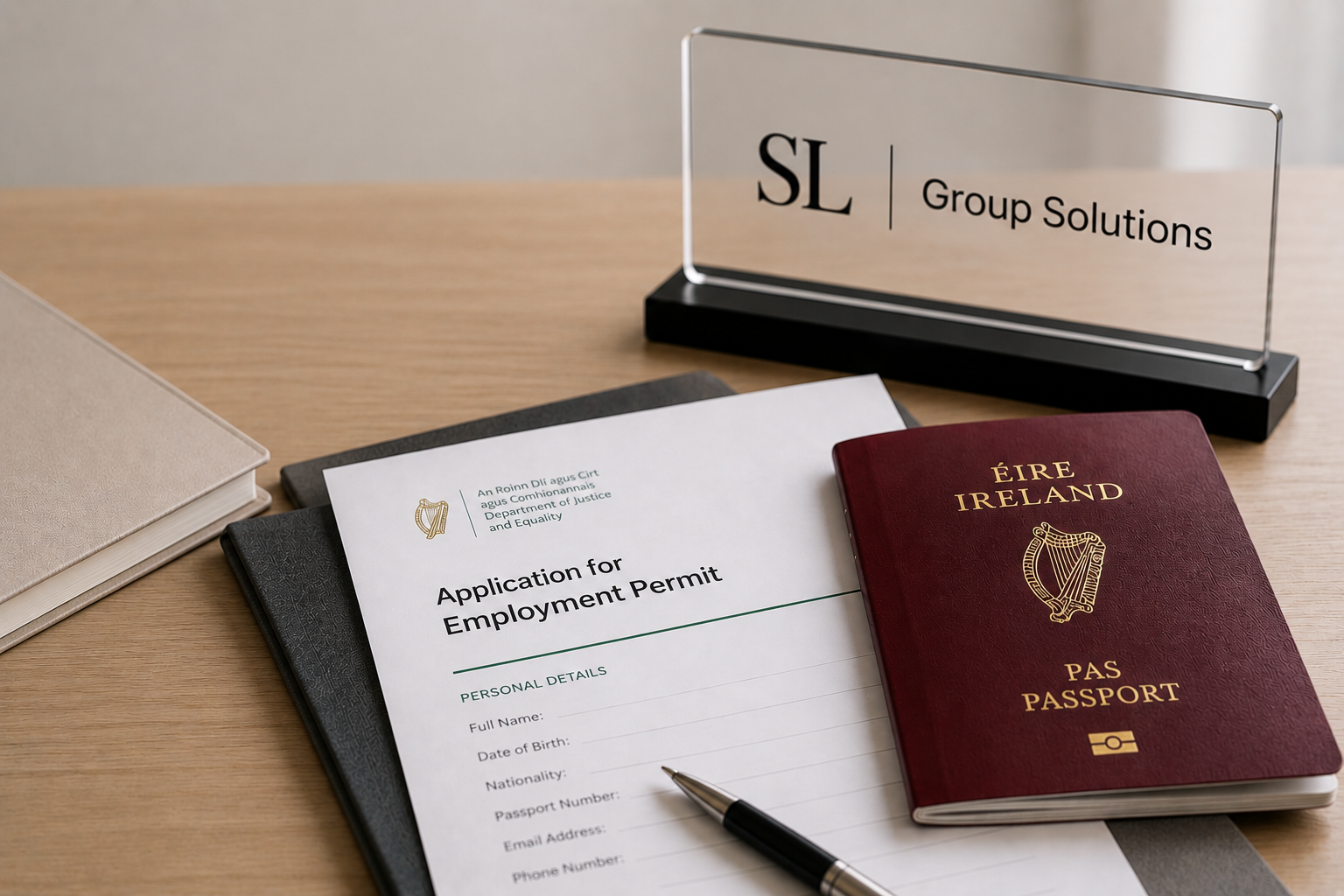 Irish passport, a pen, and an employment permit application form on a wooden desk with a sign that says SL Group Solutions.