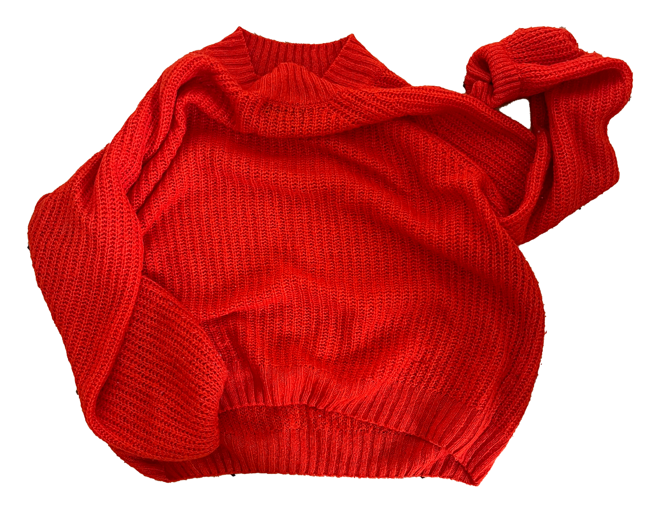 A red knit sweater laid out with its sleeves crossed over the body, showing the front with a round neckline and a loose, textured stitch pattern.