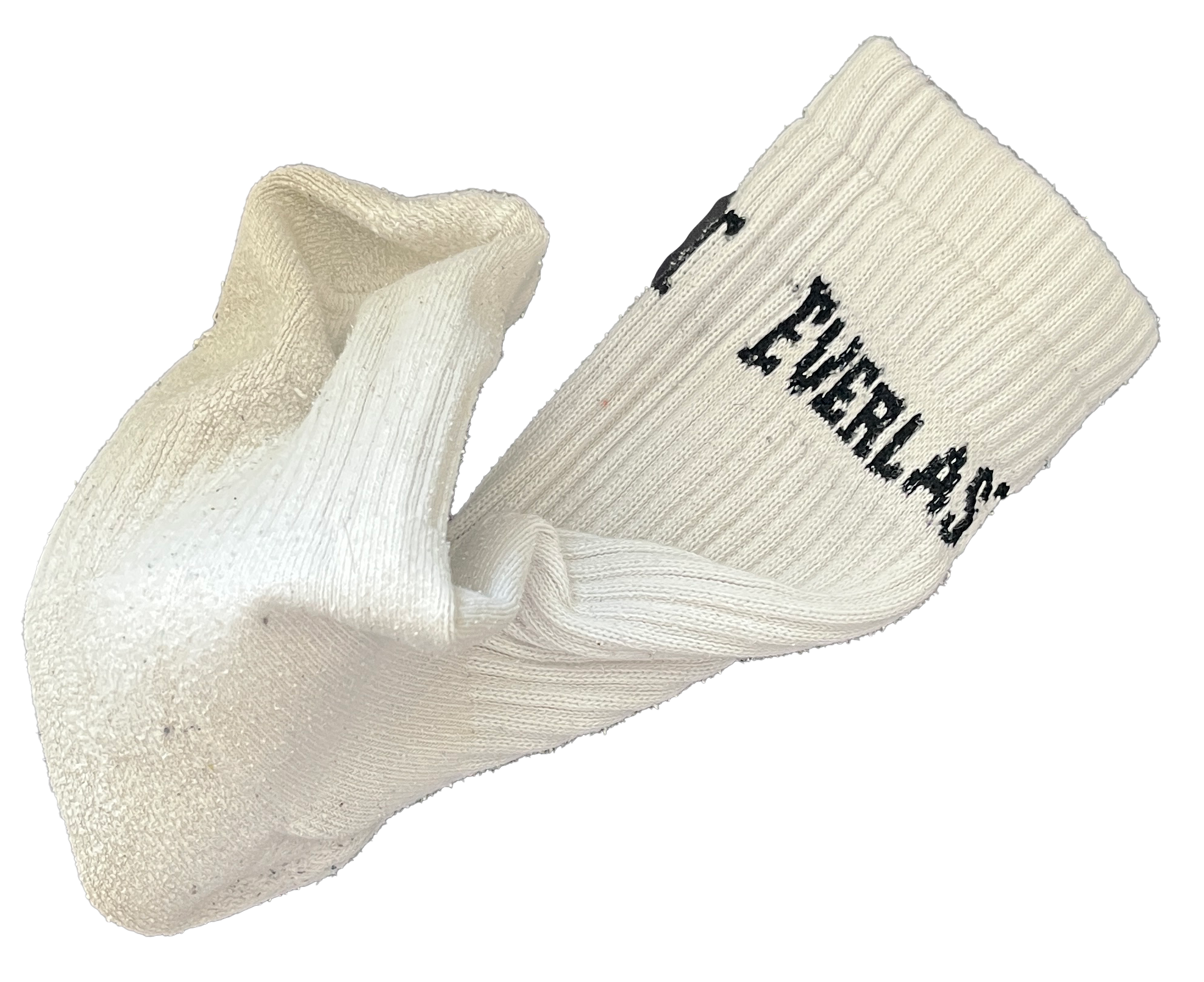 Close-up of a white sock with black embroidered text, partially rolled, showing a textured fabric.