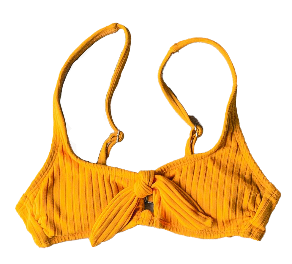 Yellow bikini top with a tied front knot and thin straps.