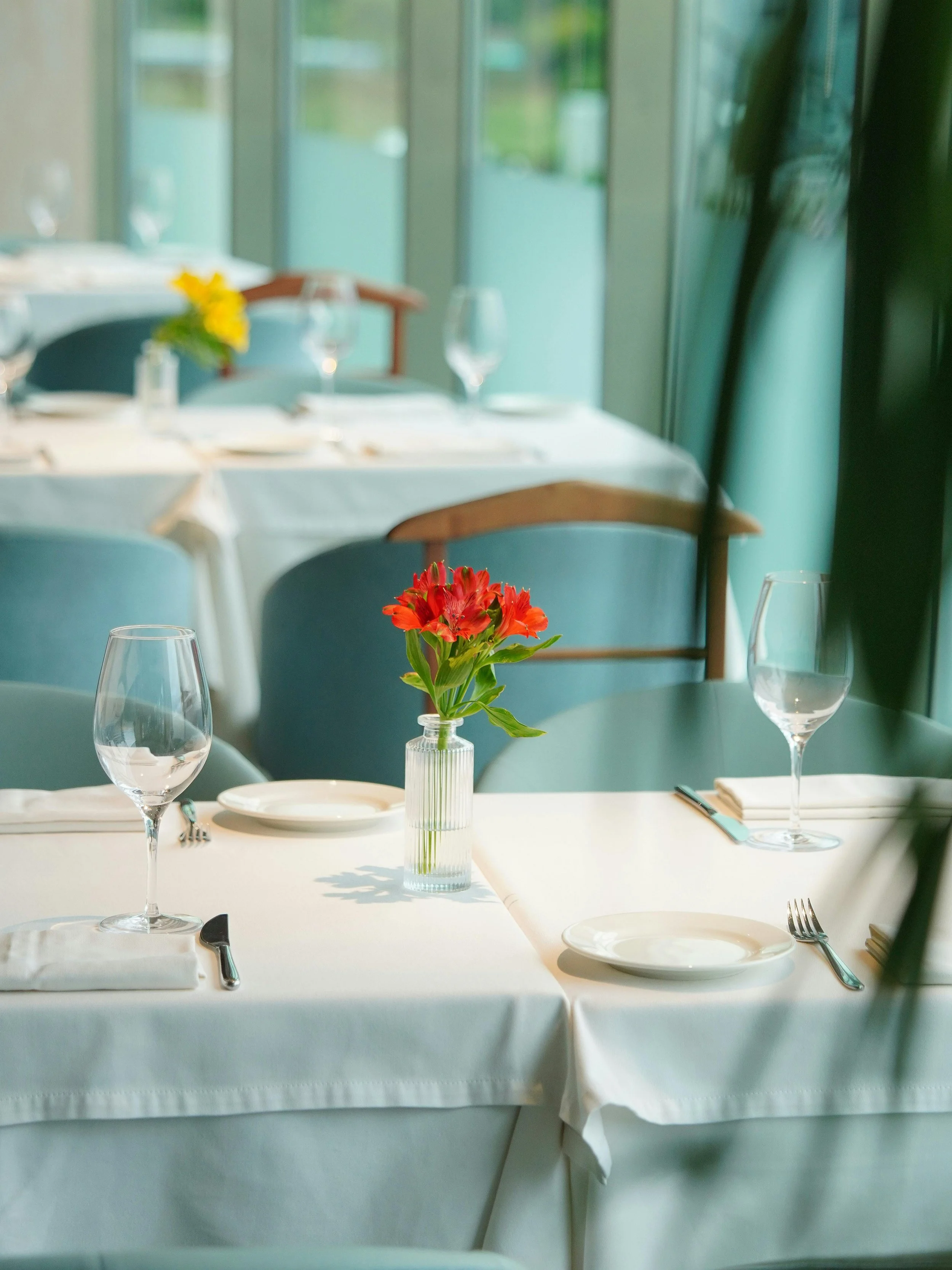Elegant dining table set with white tablecloth, arranged with glassware, plates, silverware, and a small vase with red flowers, in a room with large windows.