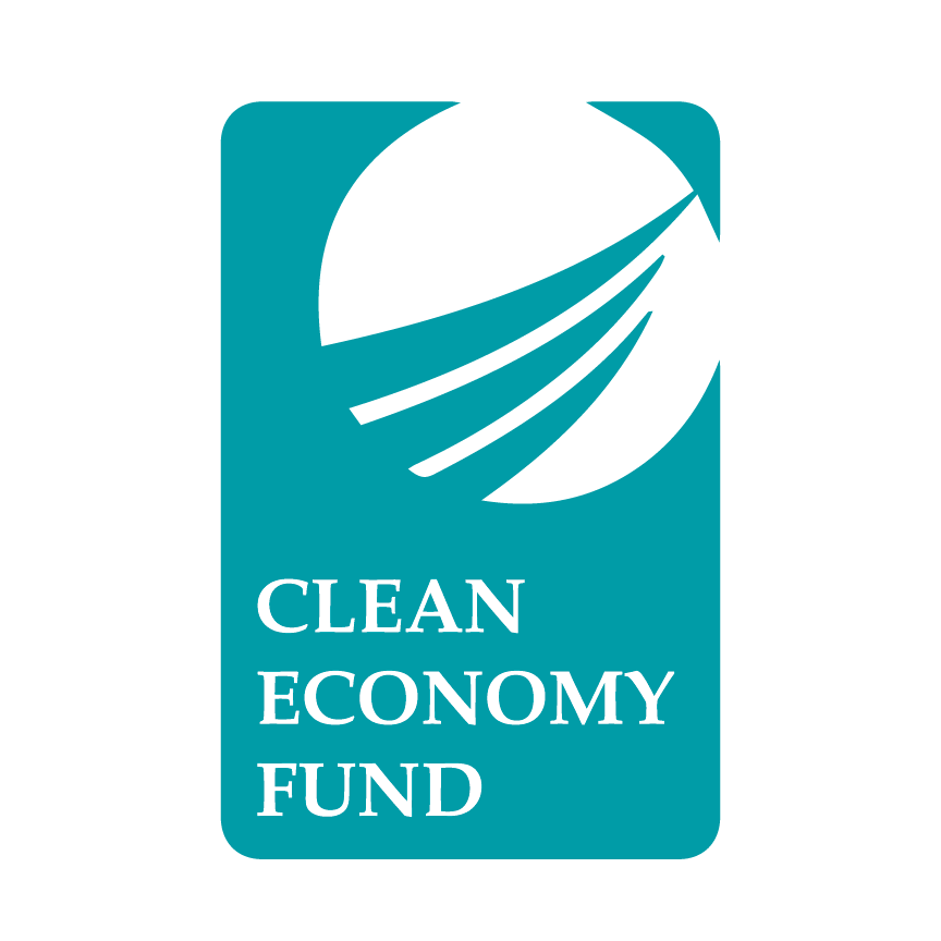 Logo of the Clean Economy Fund featuring a stylized globe and the words "Clean Economy Fund" in white text on a teal background.