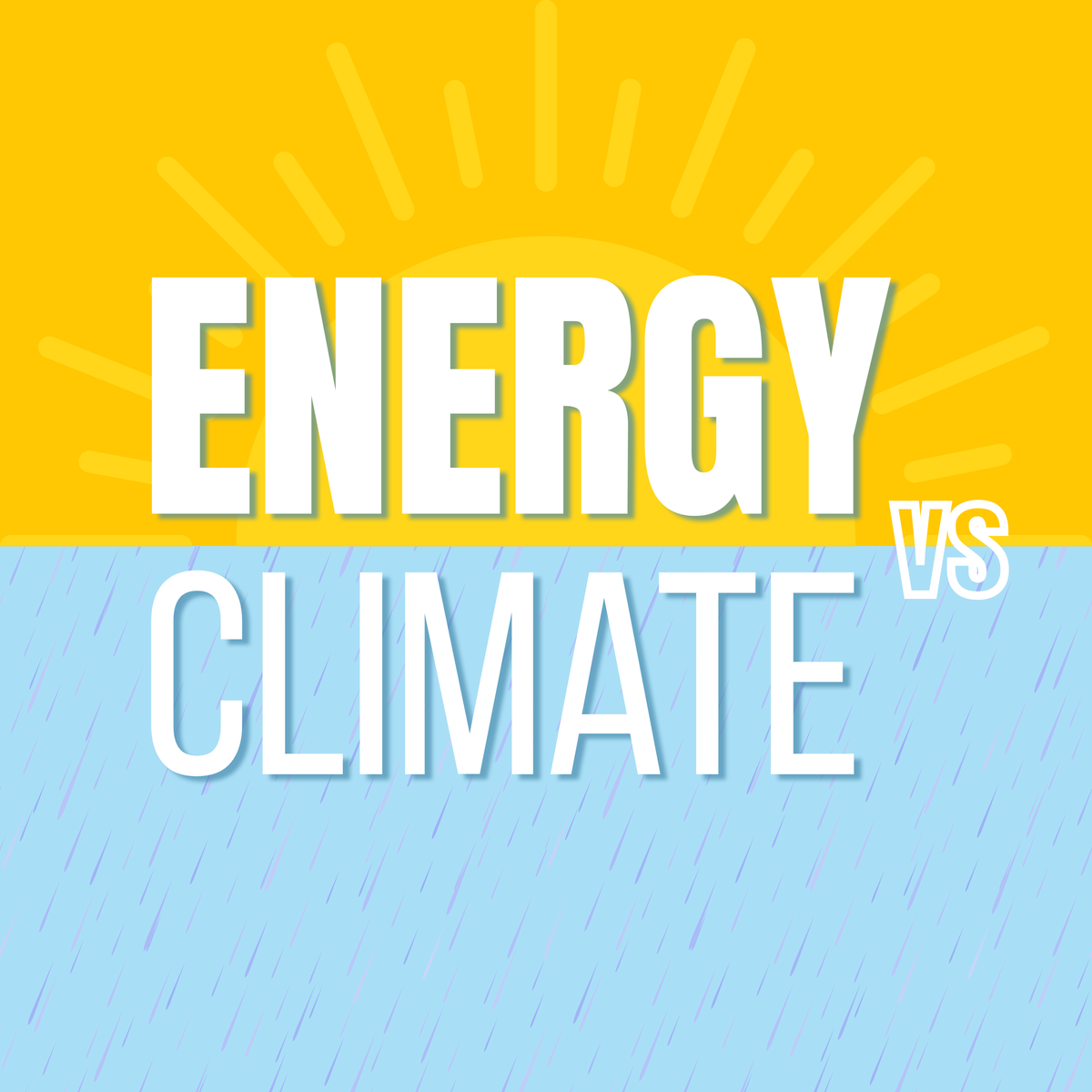 Comparison of energy versus climate, with a bright yellow sun in the background for energy, and a rainy blue sky for climate.