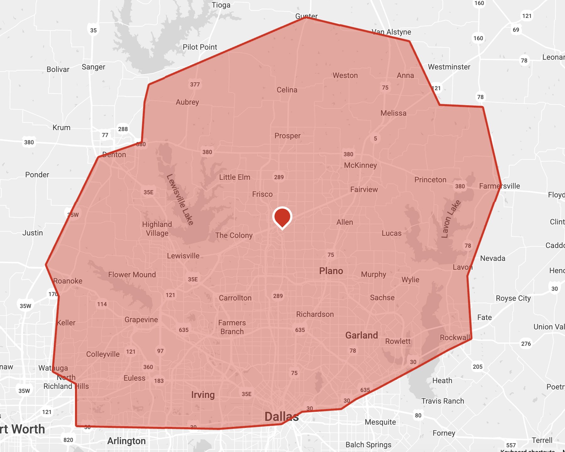 Map showing the area covered by a red boundary line, with labeled cities and highways in Texas, including Dallas, Plano, Garland, and Irving.