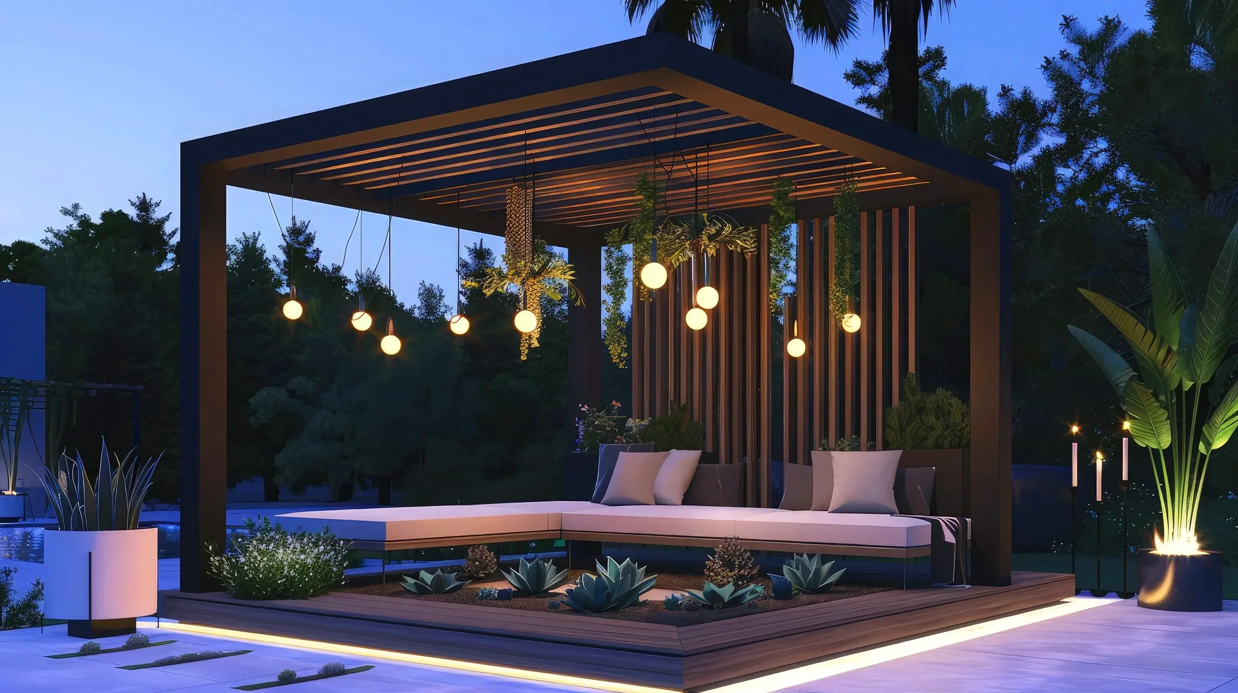 Modern outdoor patio area with hanging spherical lights, lounge seating, lush greenery, and a blue evening sky.