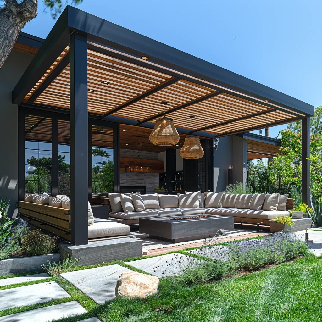 Modern outdoor patio with a large L-shaped beige sectional sofa, wooden overhead pergola with slats, hanging woven pendant lights, surrounding lush green landscaping, and a fire pit in the center, under a clear blue sky.