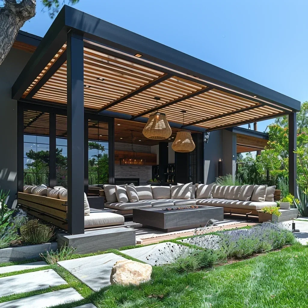 Modern outdoor patio with beige sectional sofa, fire pit, and hanging woven light fixtures, surrounded by green plants and trees.