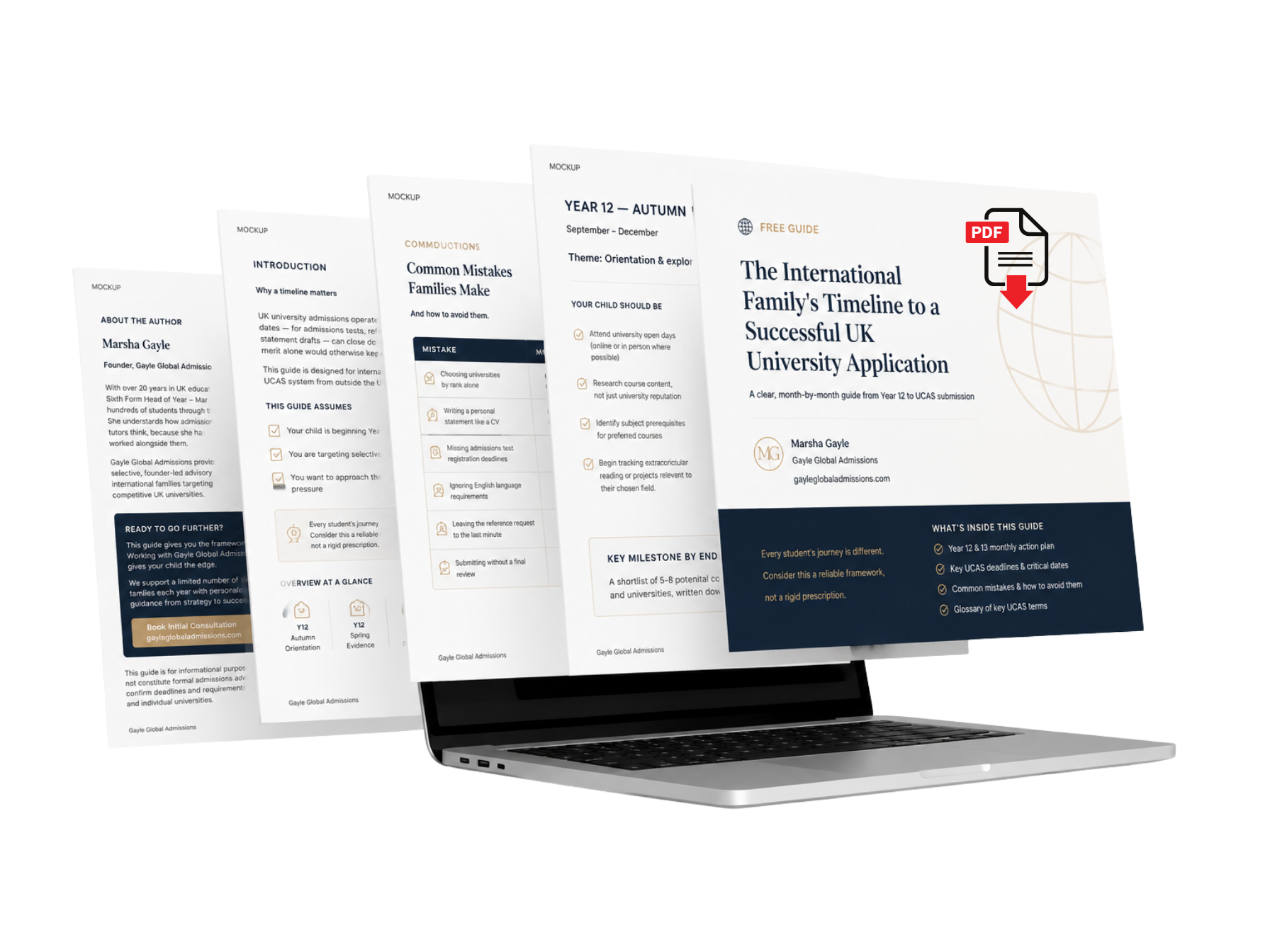 Mockup of a PDF guide titled 'The International Family's Timeline to a Successful UK University Application,' displayed on a laptop with several pages fanned out behind it. The guide includes sections on university admissions, common mistakes, year-by-year application tips, and key deadlines.