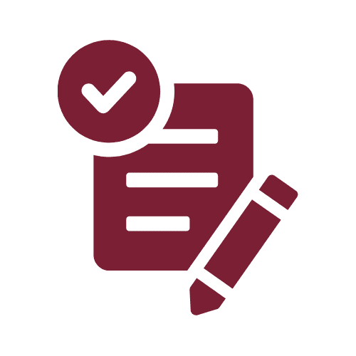 Icon of a document with a checkmark, a pen, and lines representing text, symbolizing completed paperwork or approval showing Application Strategy & University Selection