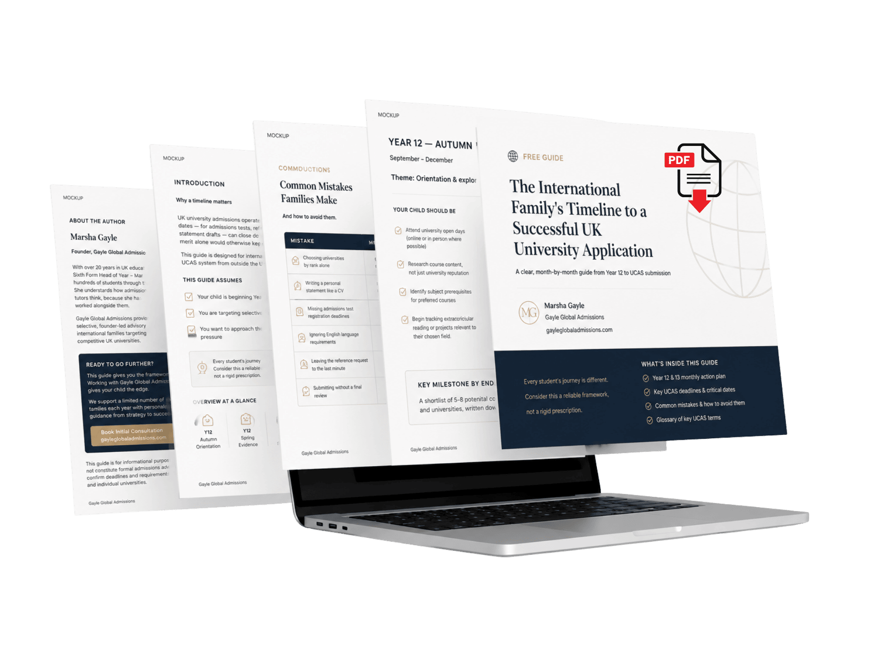 Multiple pages of a guide displayed on a laptop screen, titled 'The International Family's Timeline to a Successful UK University Application' by Marsha Gayle, with sections on introduction, common mistakes families make, and year 12 autumn to December, along with a PDF download icon.