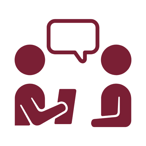 Two people sitting and talking, with one person holding a tablet and the other engaged in conversation, depicted with a speech bubble above them. meaning Interview preparation