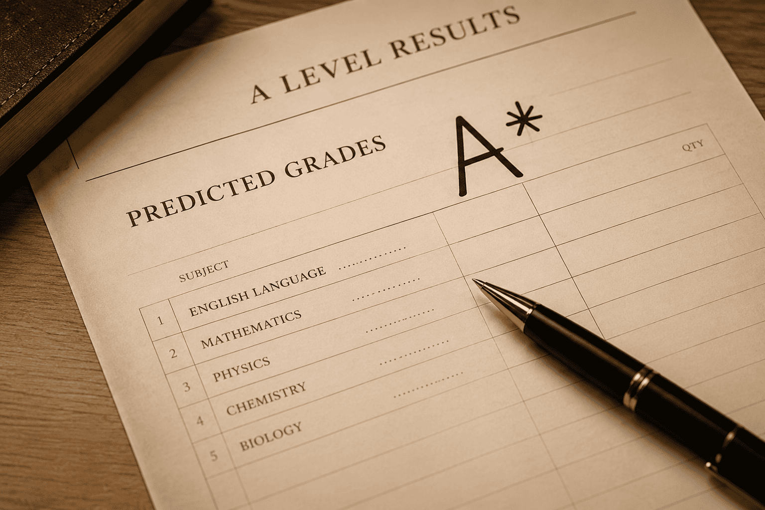 A printed list of predicted grades for subjects on a sheet of paper, showing an 'A*' grade for English Language. A pen is placed on the paper, and a book and wooden surface are partially visible showing start of the blog called: Predicted Grades