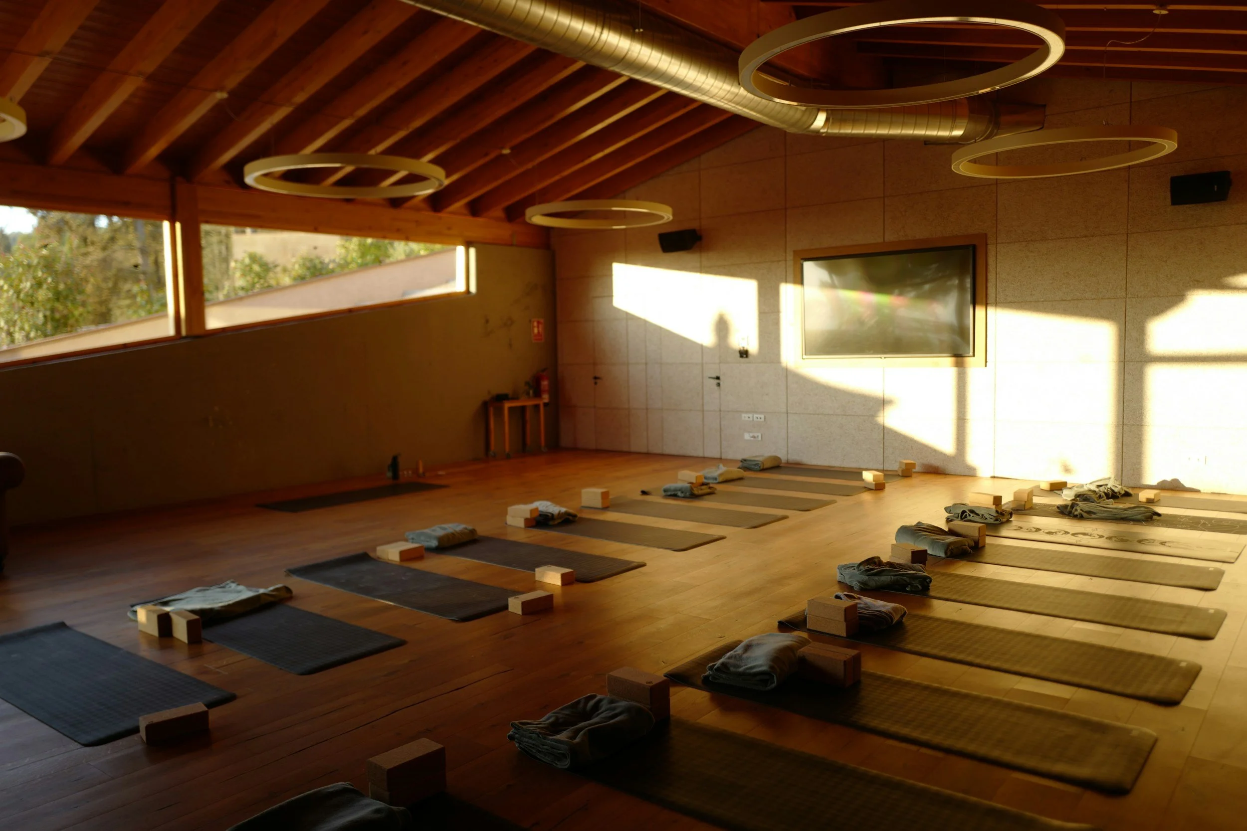 A spacious yoga studio with wooden floors and a high, curved wooden ceiling. Exercise mats laid out on the floor with folded towels and blocks for support. Large windows letting in natural light, with a view of trees outside. Modern circular light fixtures hanging from the ceiling.
