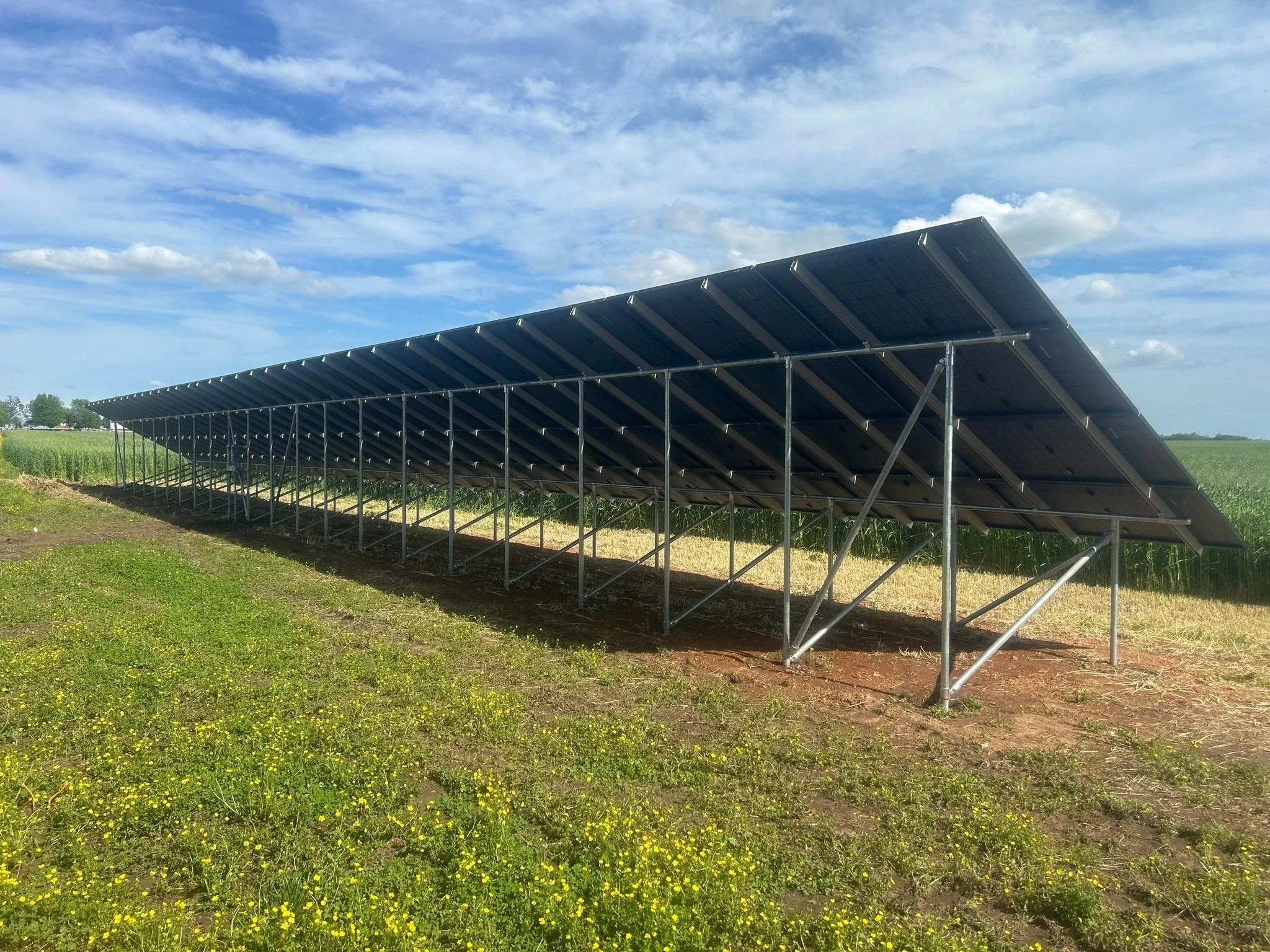 Solar panels arranged in a row on a field under a partly cloudy blue sky.