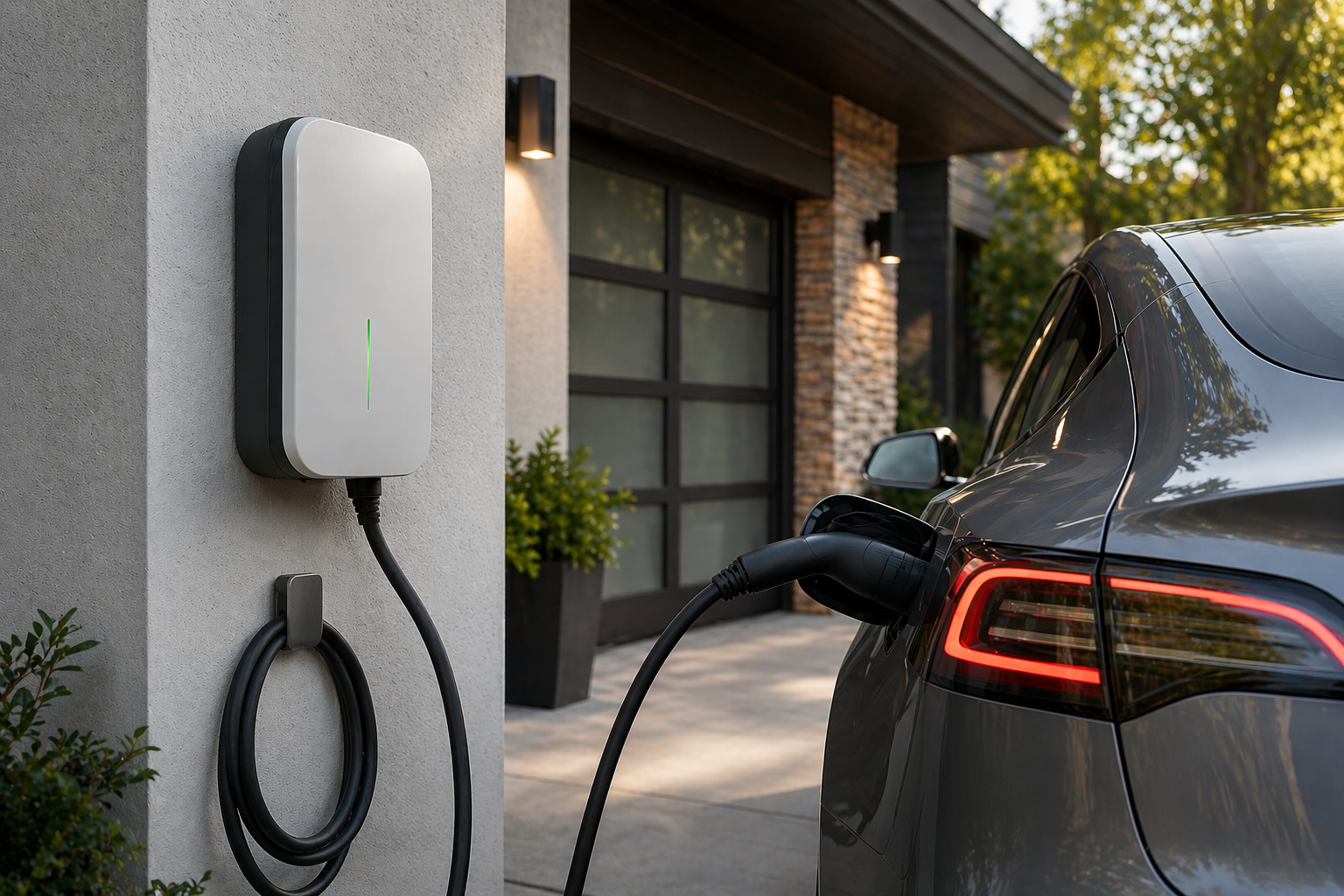 Black electric car plugged into a charging station on a driveway outside a modern house with a garage.