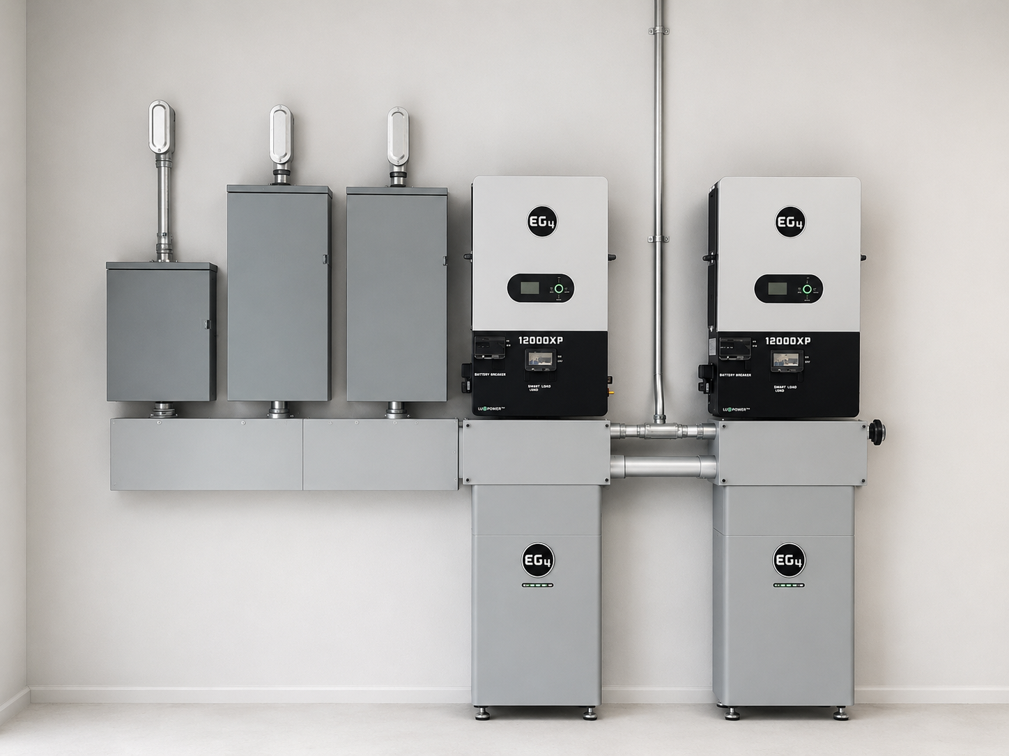 Electrical inverters and control panels mounted on a wall in an industrial setting.