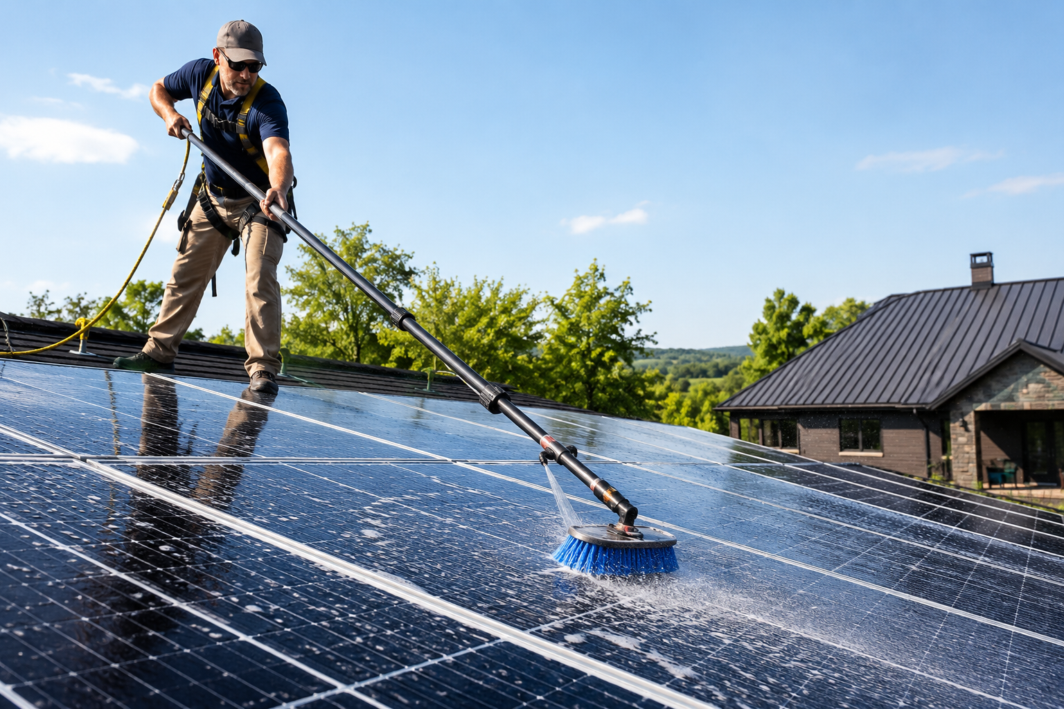 A man cleaning solar panels on a rooftop with a pressure washer during daytime.