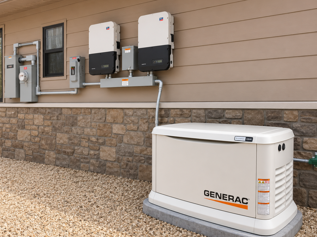 Outdoor view of a residential house showing electrical equipment and a Generac generator in the yard.