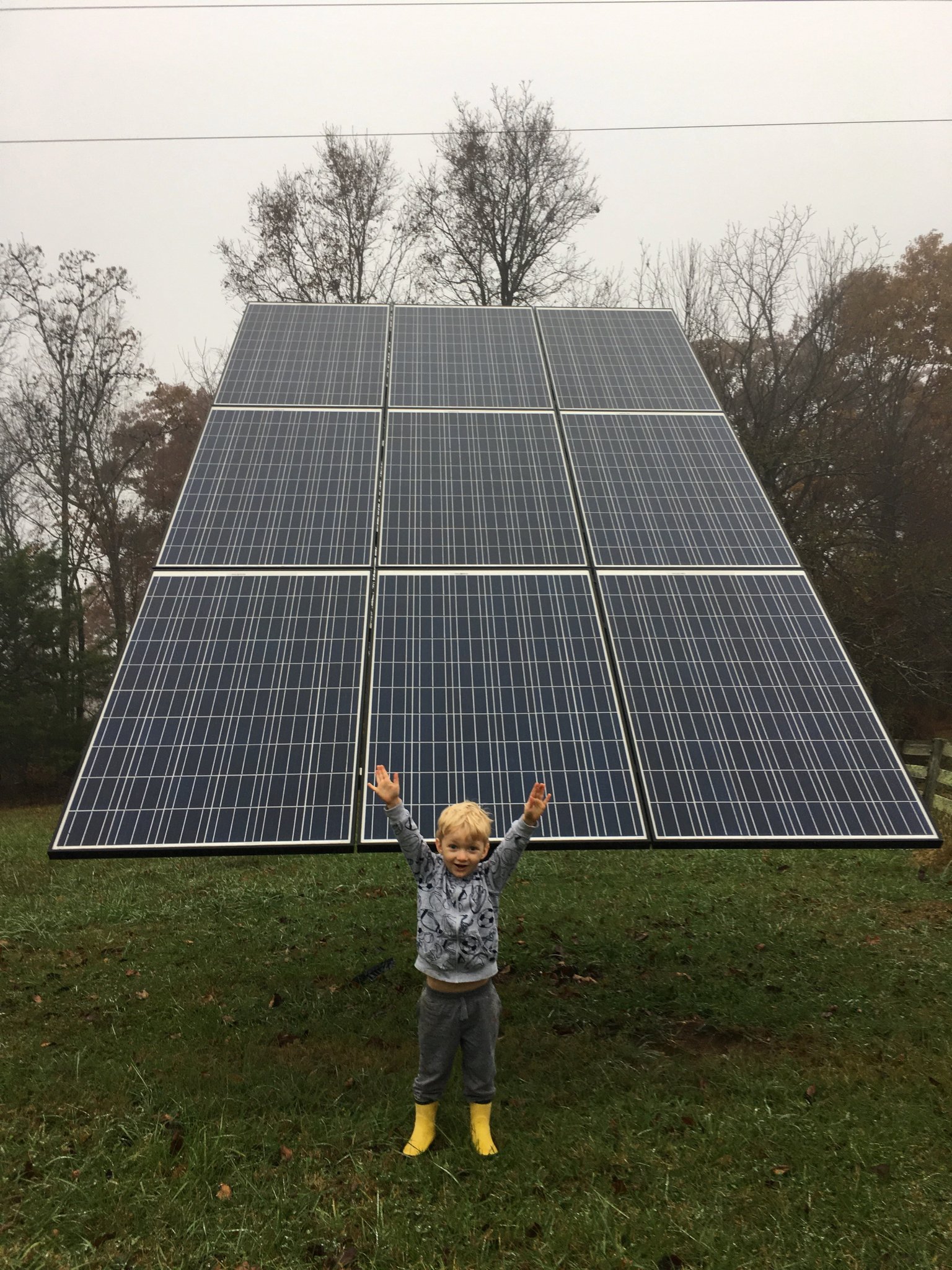 A young boy standing on grass with arms raised in front of large solar panels outdoors, with trees and an overcast sky in the background.