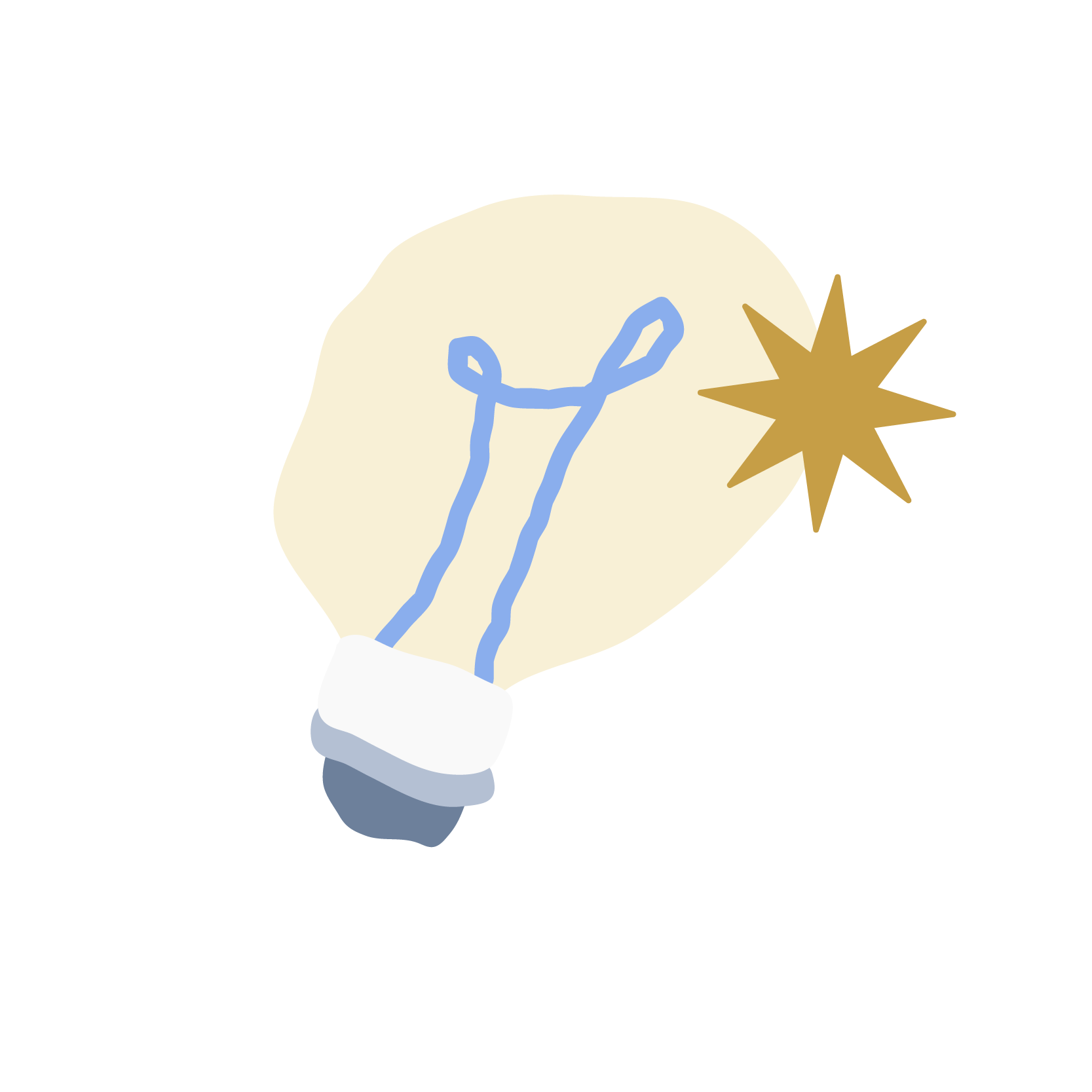 Illustration of an old-fashioned light bulb with a blue filament, emitting a golden spark on the right side.